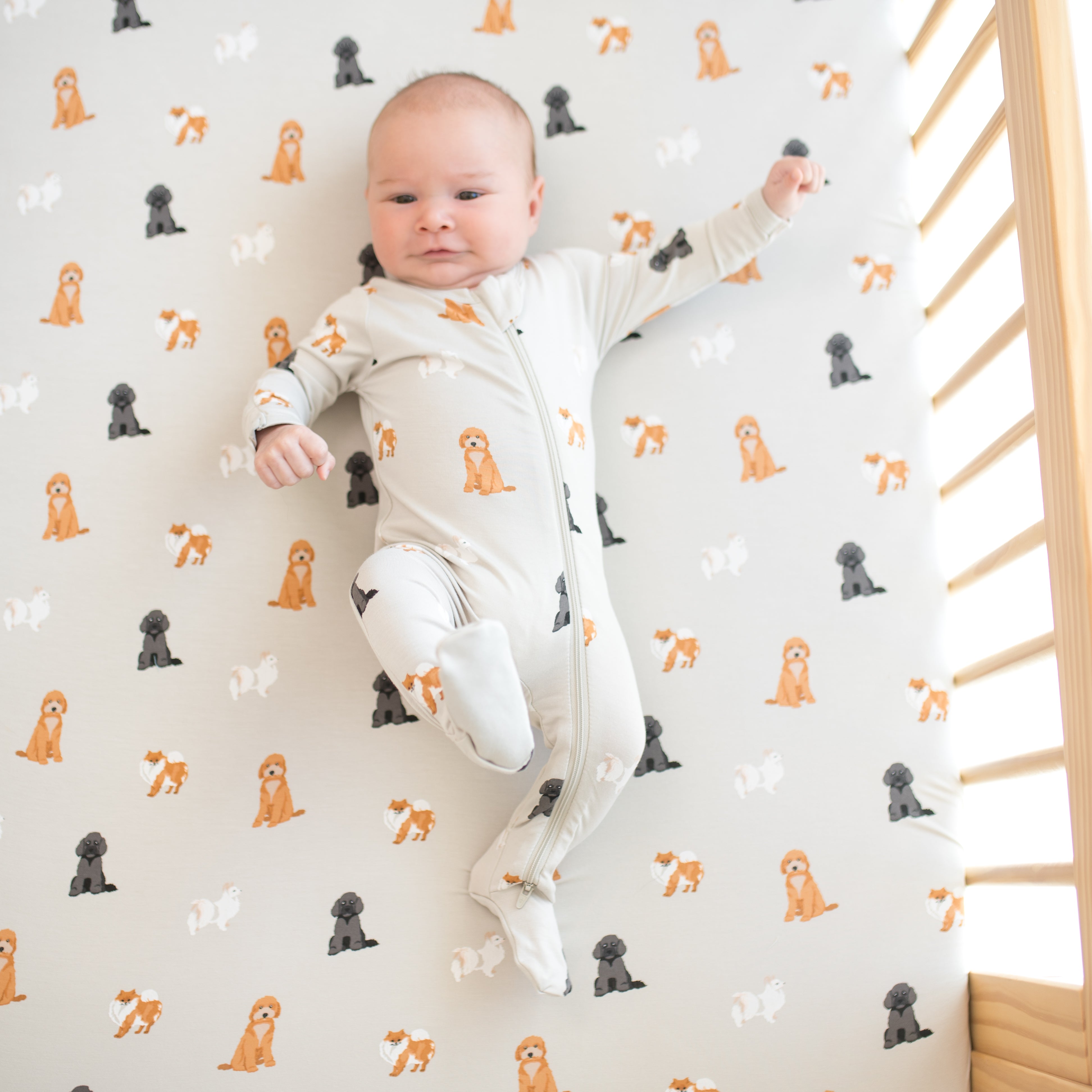 Baby wearing footie pajamas laying on Crib Sheet in Fluffy Dog