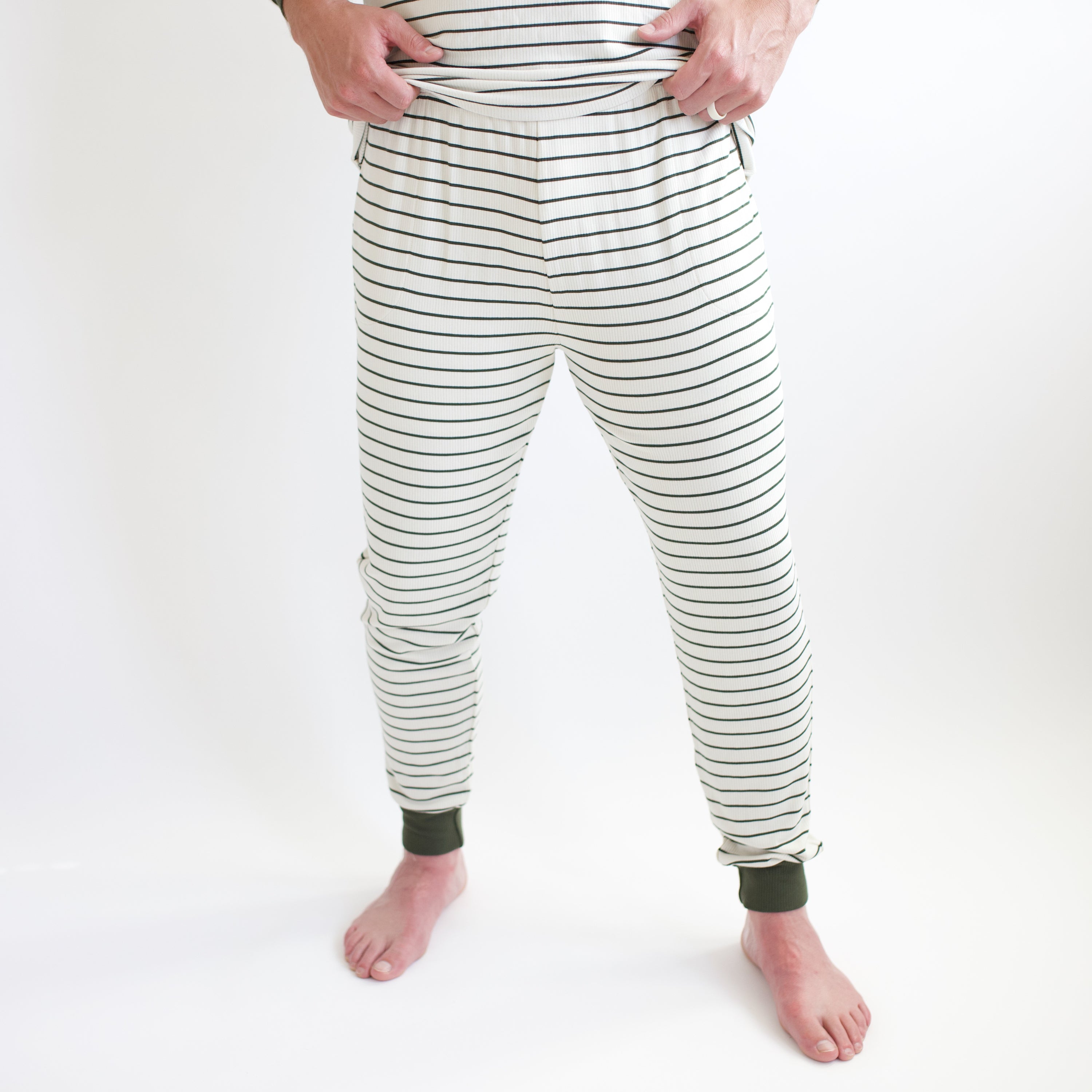 Bottoms of the Men's Ribbed Henley Set in Fir Stripe shown on a male model
