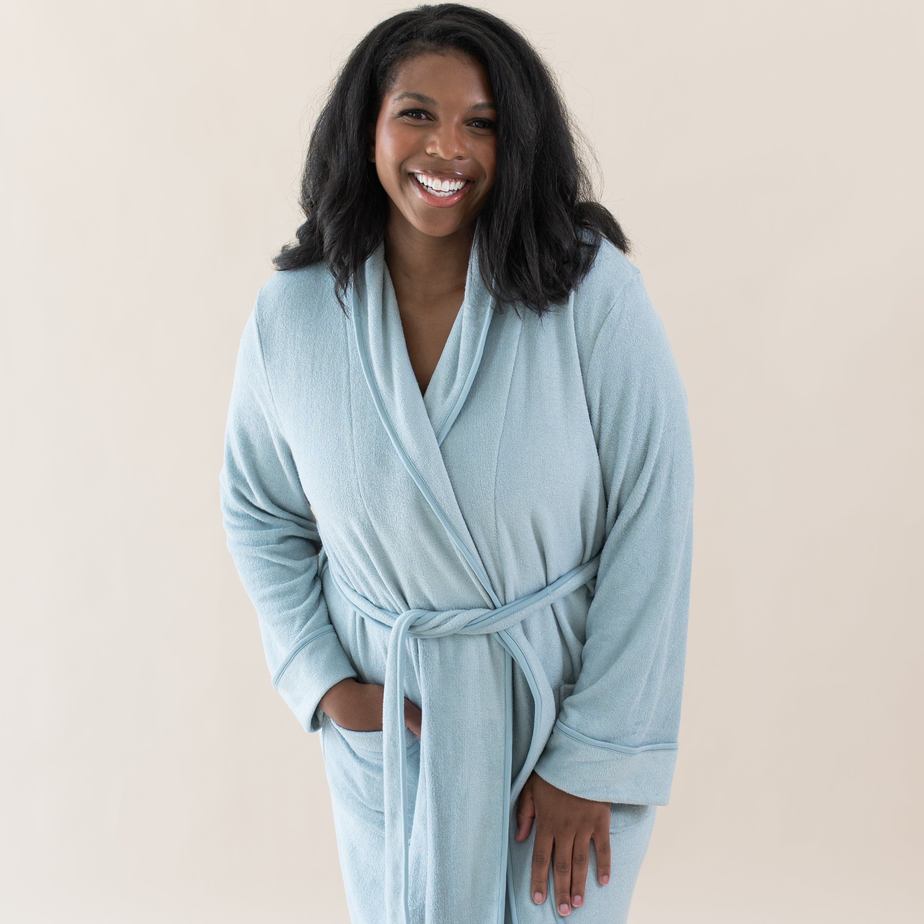 Woman wearing Kyte Baby Bamboo Terry Adult Robe in Fog