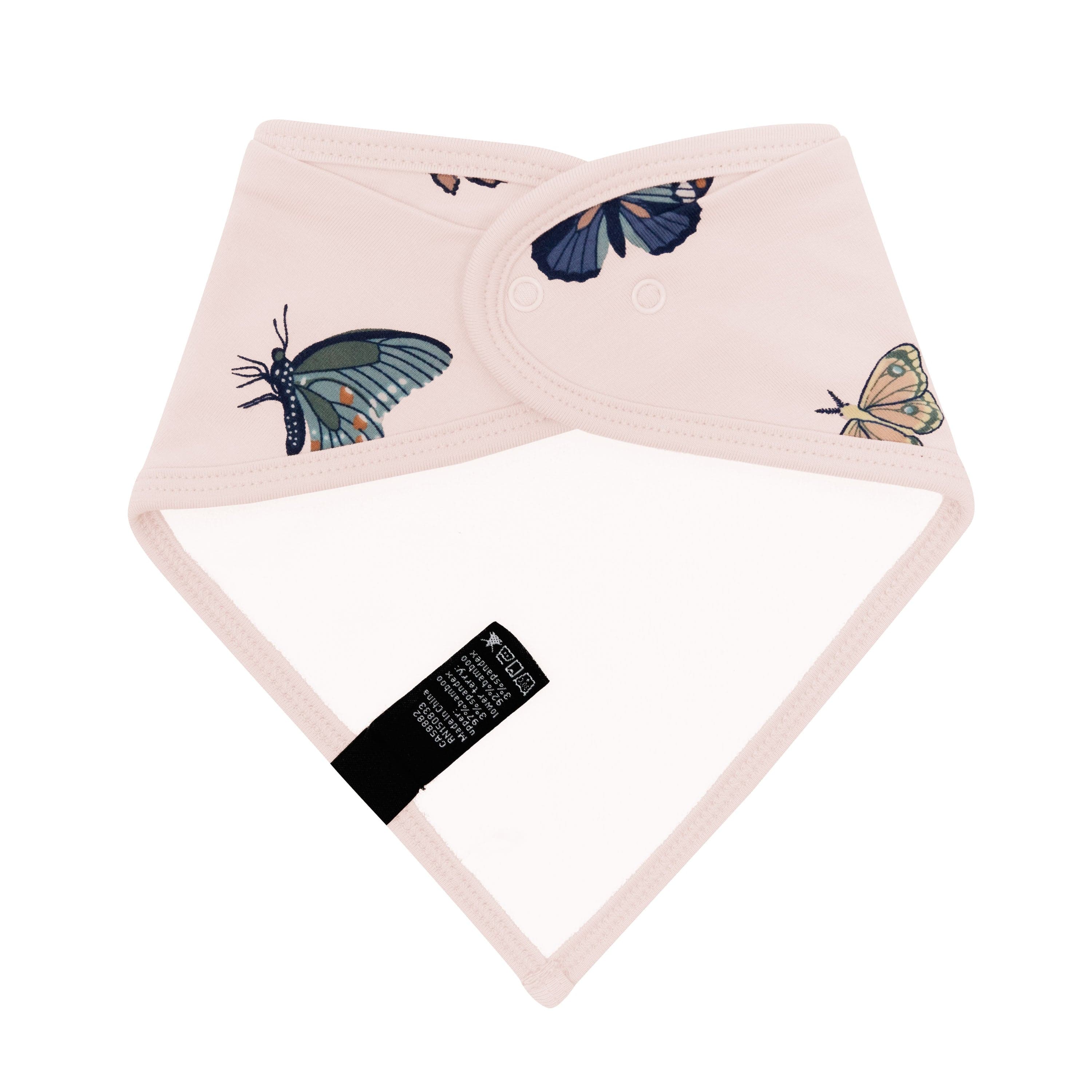 Back of the Bib in Blush Butterfly showing the snap closures and bamboo terry cloth lining