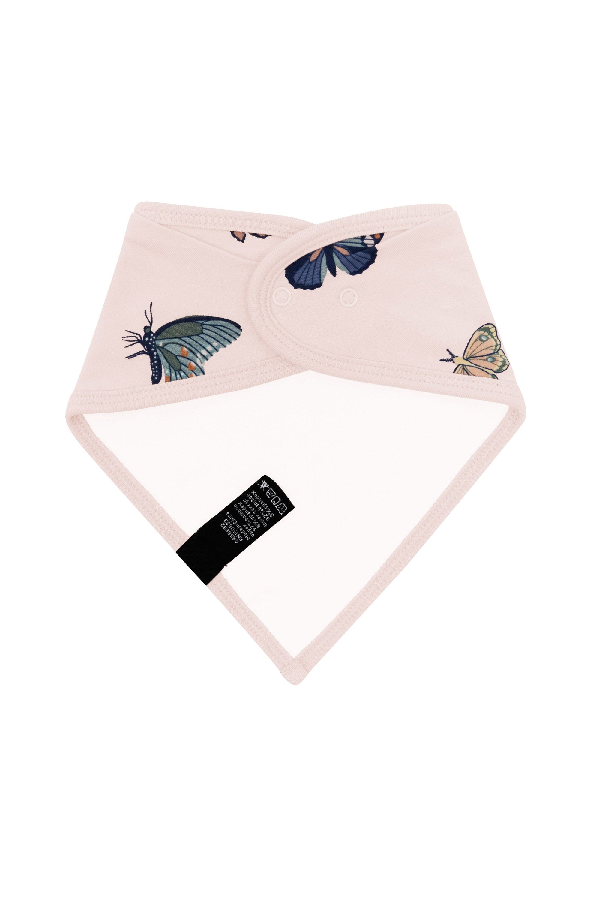 Back of the Bib in Blush Butterfly showing the snap closures and bamboo terry cloth lining