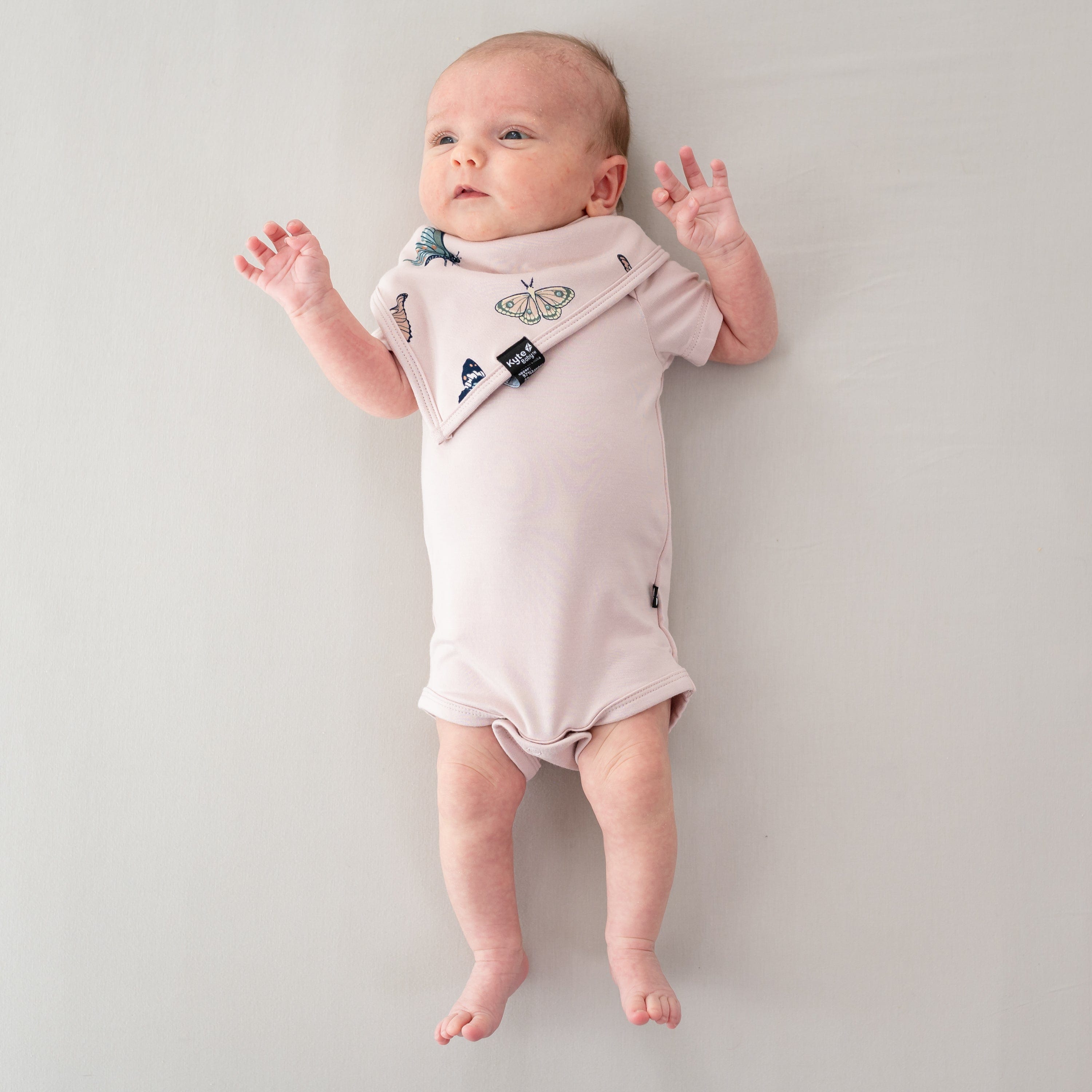 Newborn laying down with hands in the air wearing the Bib in Blush Butterfly and Blush short sleeve bodysuit