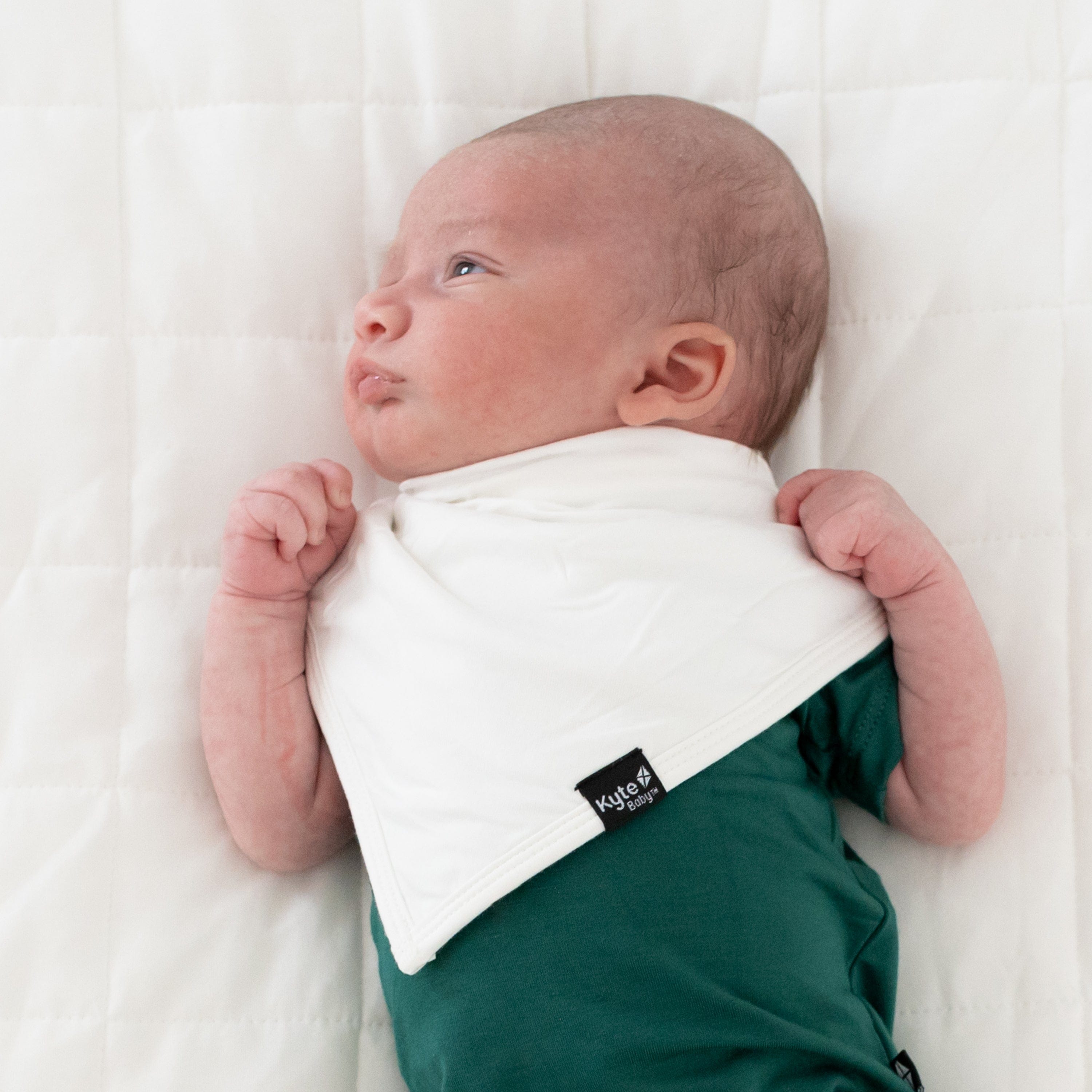 Infant wearing Kyte Baby Bib in Cloud and an Emerald Short sleeve bodysuit
