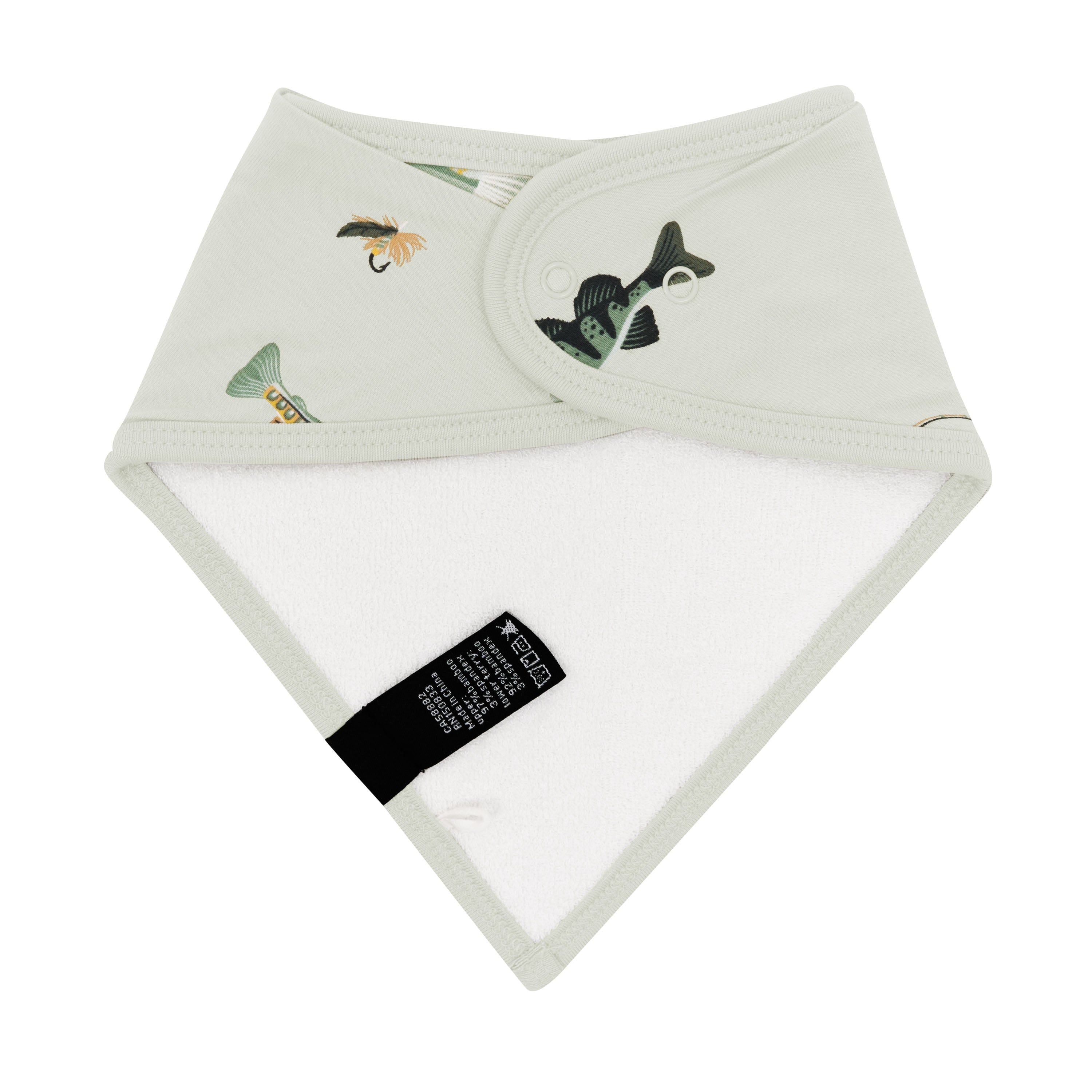 The back of the Bib in Fishing showing the snap closures and bamboo terry cloth backing