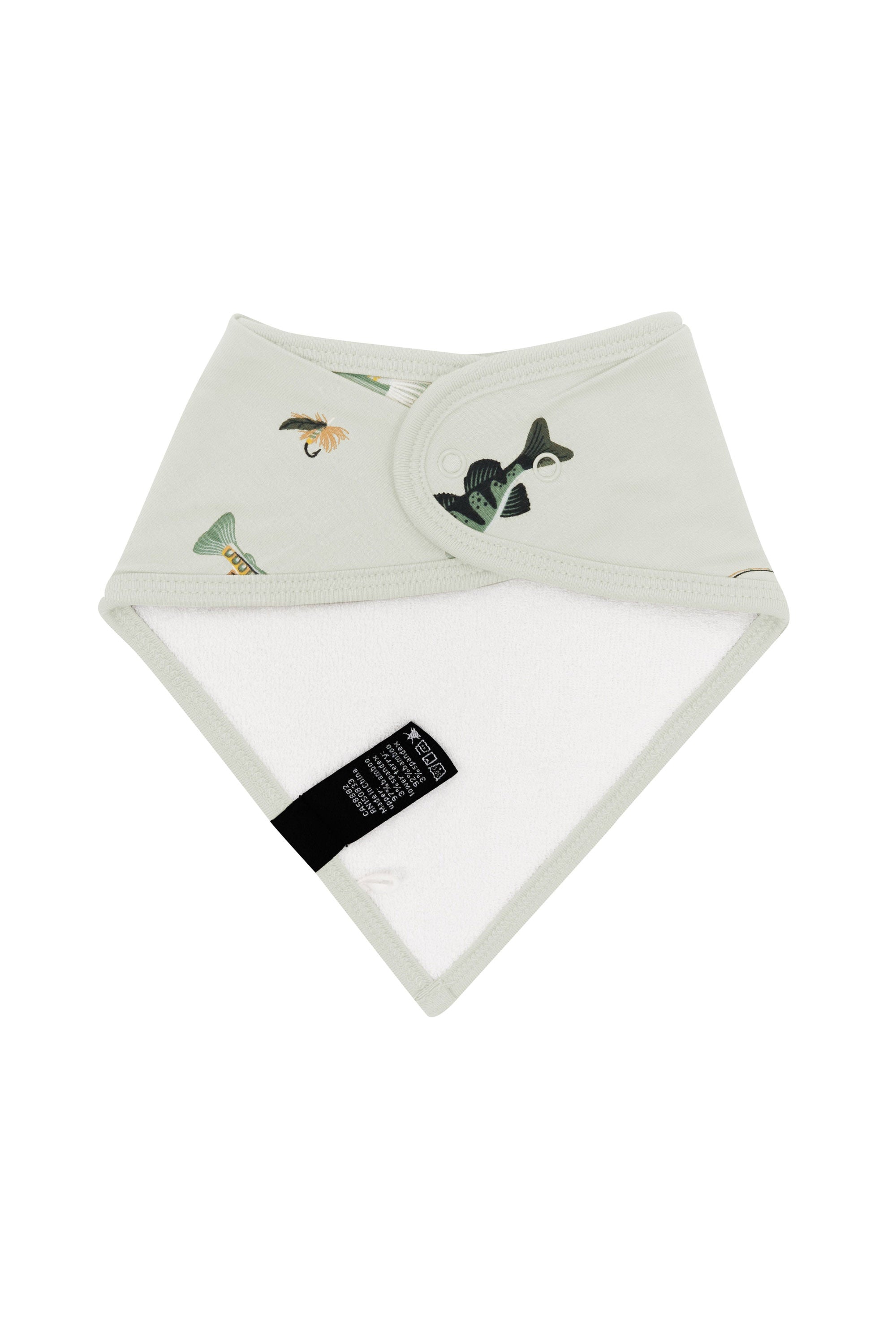 The back of the Bib in Fishing showing the snap closures and bamboo terry cloth backing