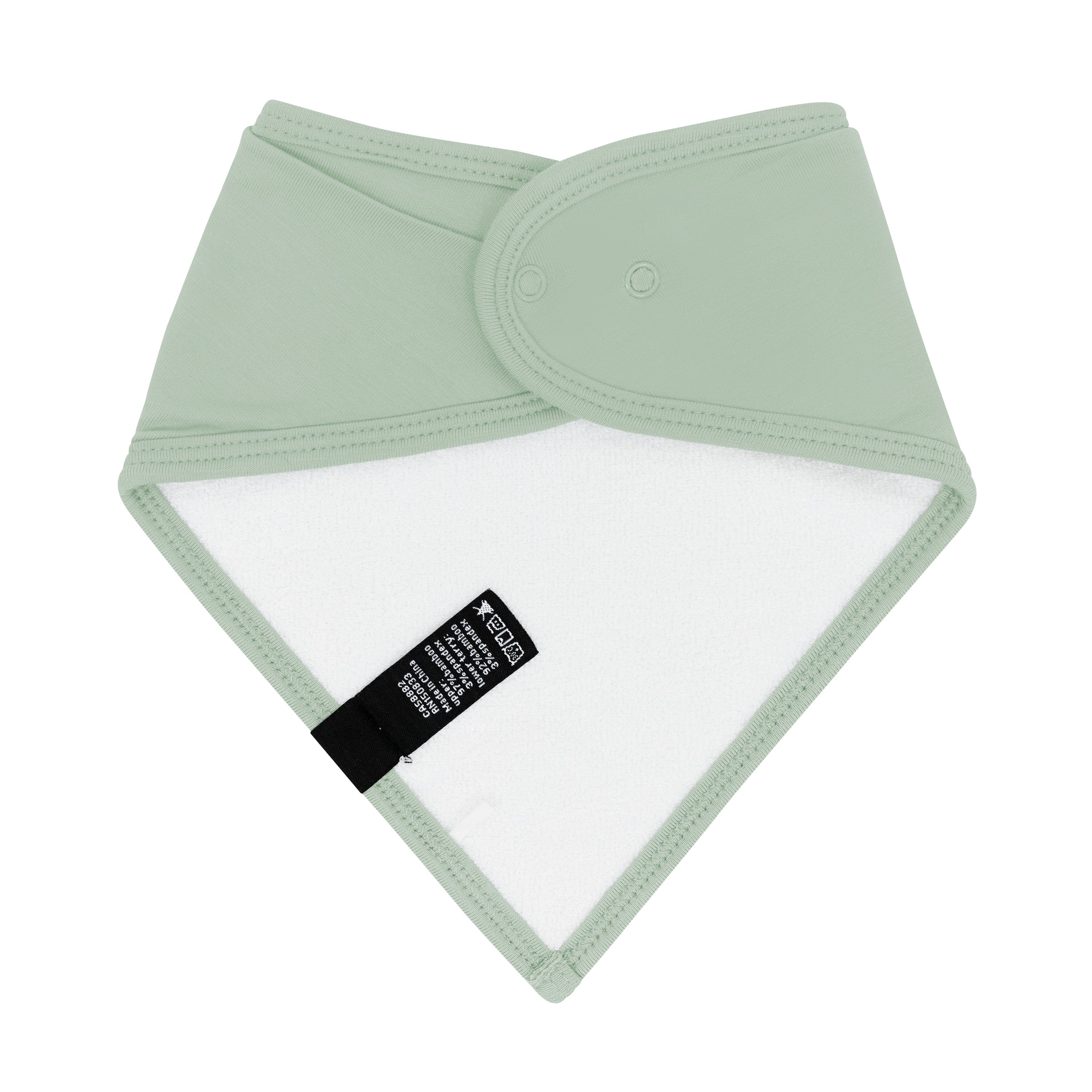 Back of the Bib in Thyme showing the snap closures and bamboo terry cloth lining
