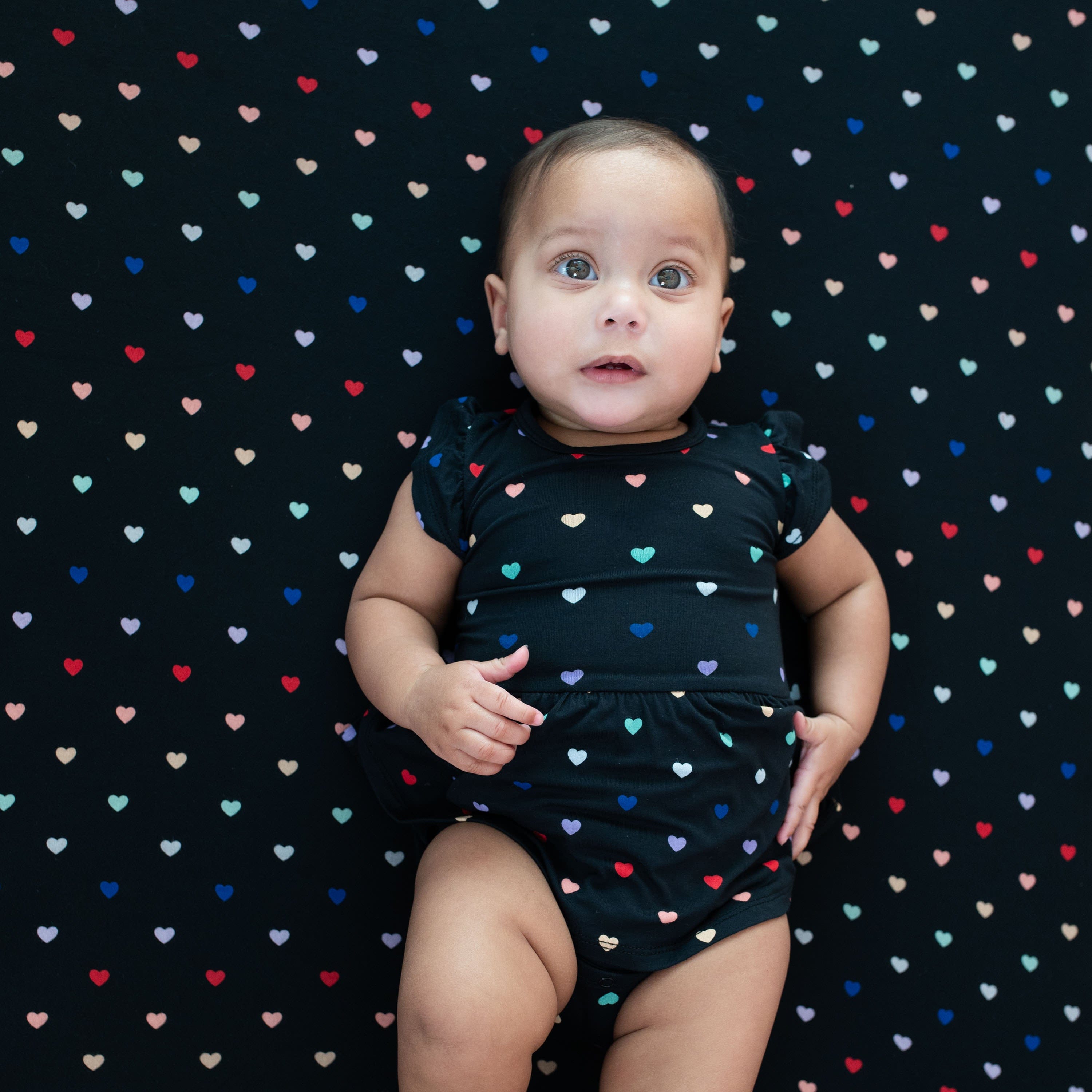 Kyte Baby Bodysuit Dress Twirl Bodysuit Dress in Midnight Rainbow Heart