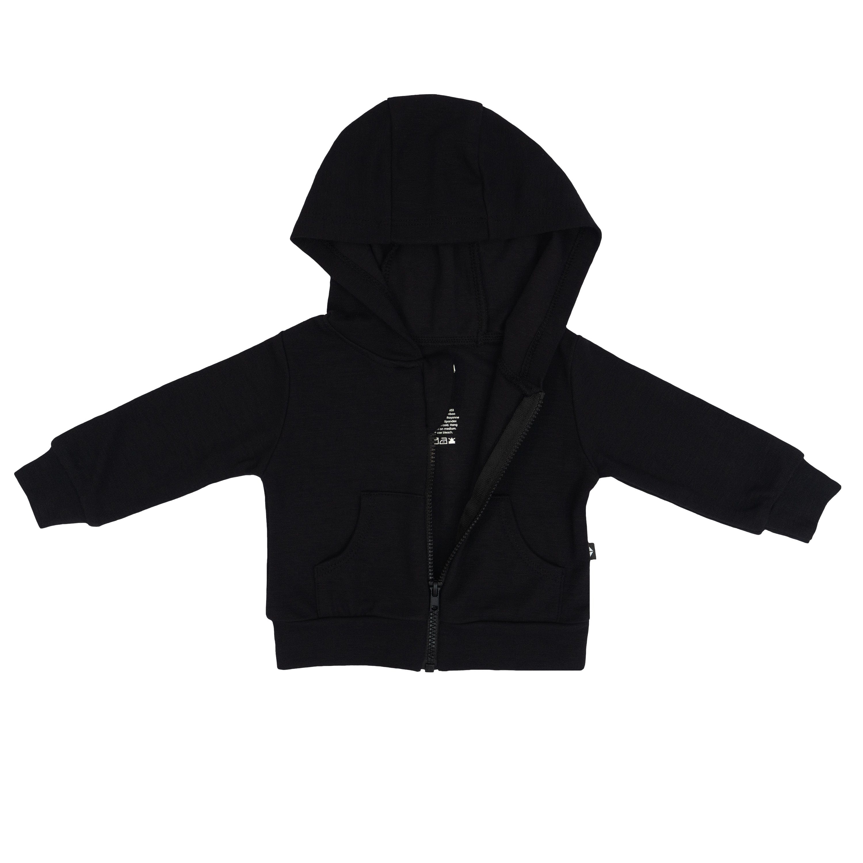 Zipper on Kyte Baby Bamboo Jersey Hooded Jacket in Midnight black