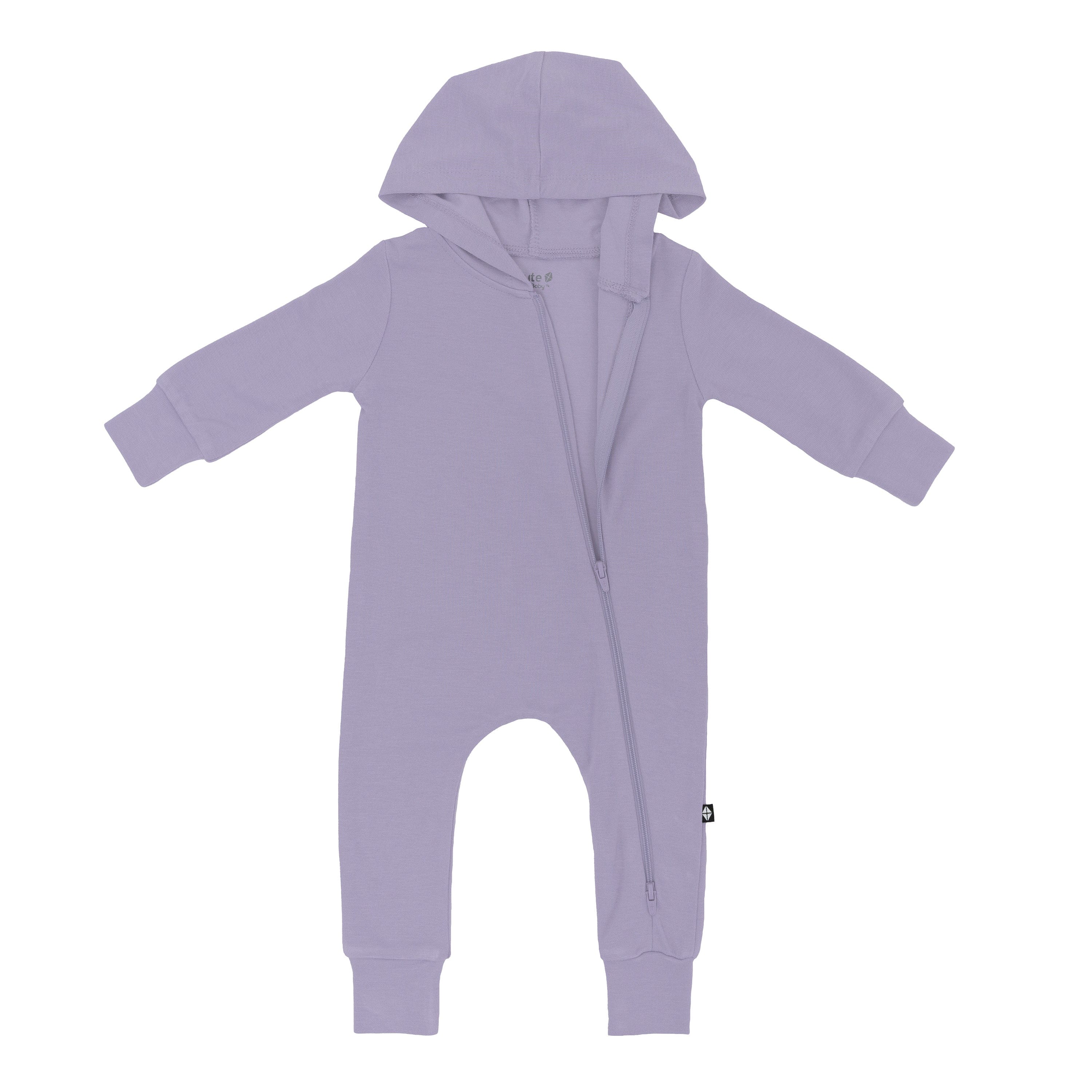 Kyte Baby Bamboo Jersey Hooded Long Sleeve Romper in Taro purple