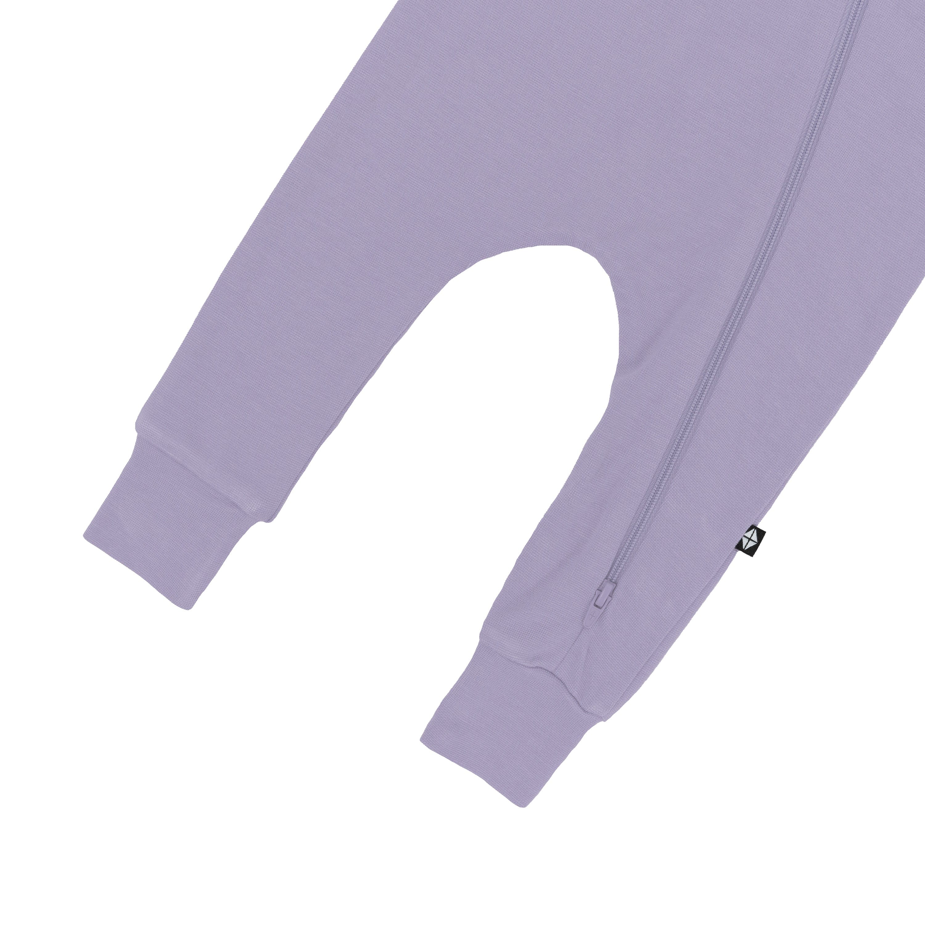 Double zipper on Kyte Baby Bamboo Jersey Hooded Zippered Romper in Taro