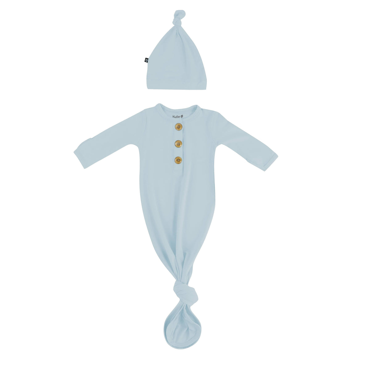 Flat lay of Kyte Baby Knotted Gown with Hat Set in Fog