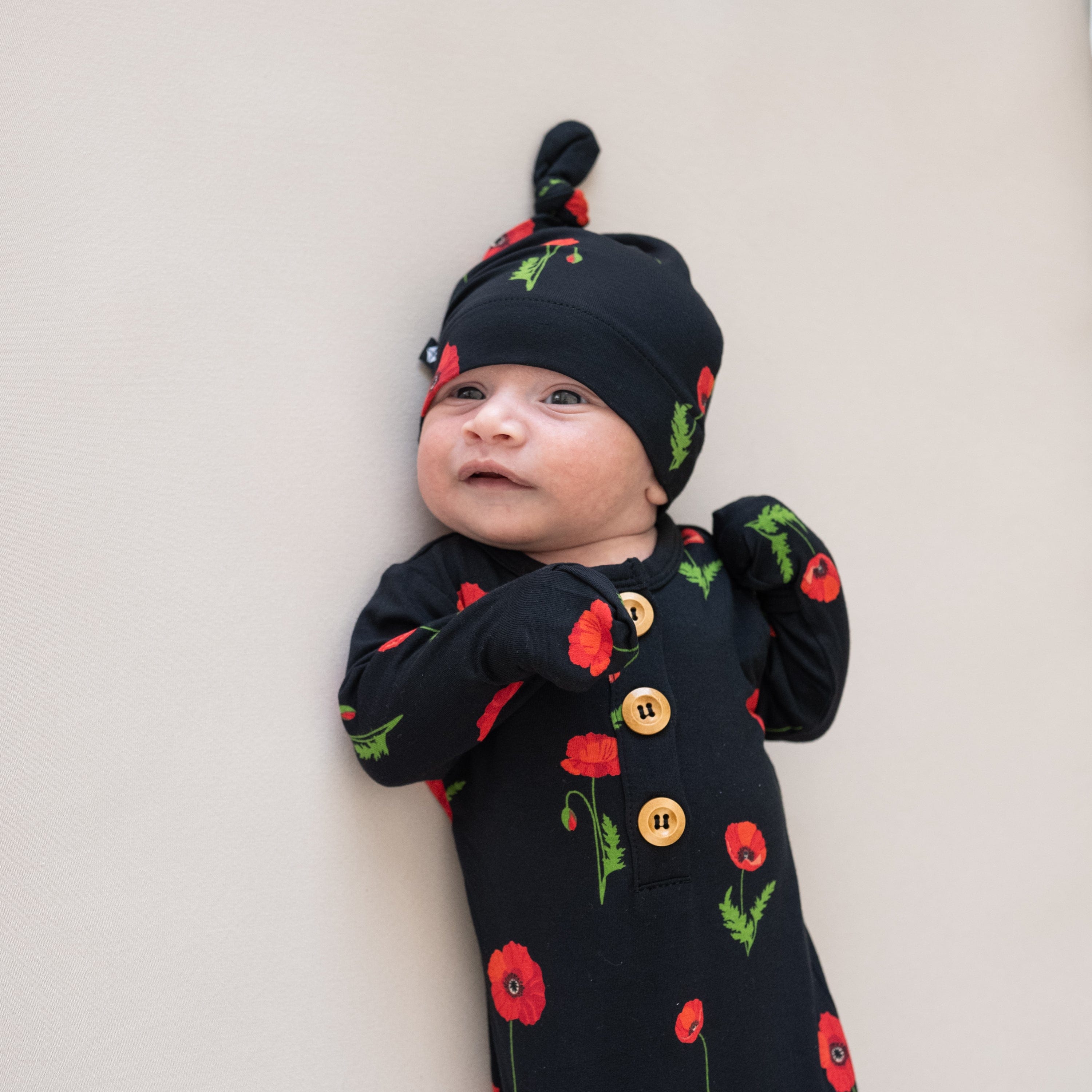 Kyte Baby Knotted Gown with Hat Set Knotted Gown with Hat Set in Midnight Poppies