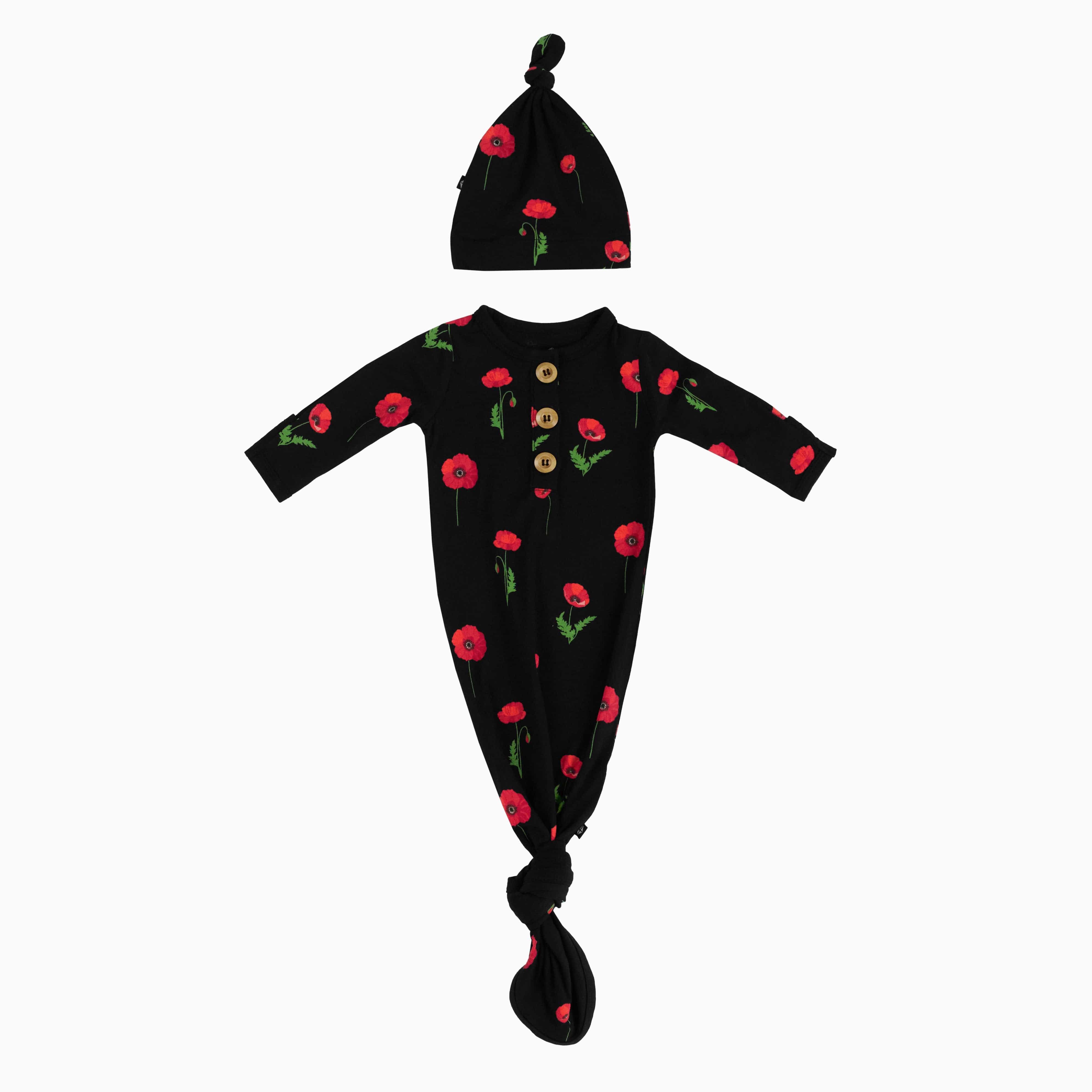 Kyte Baby Knotted Gown with Hat Set Knotted Gown with Hat Set in Midnight Poppies