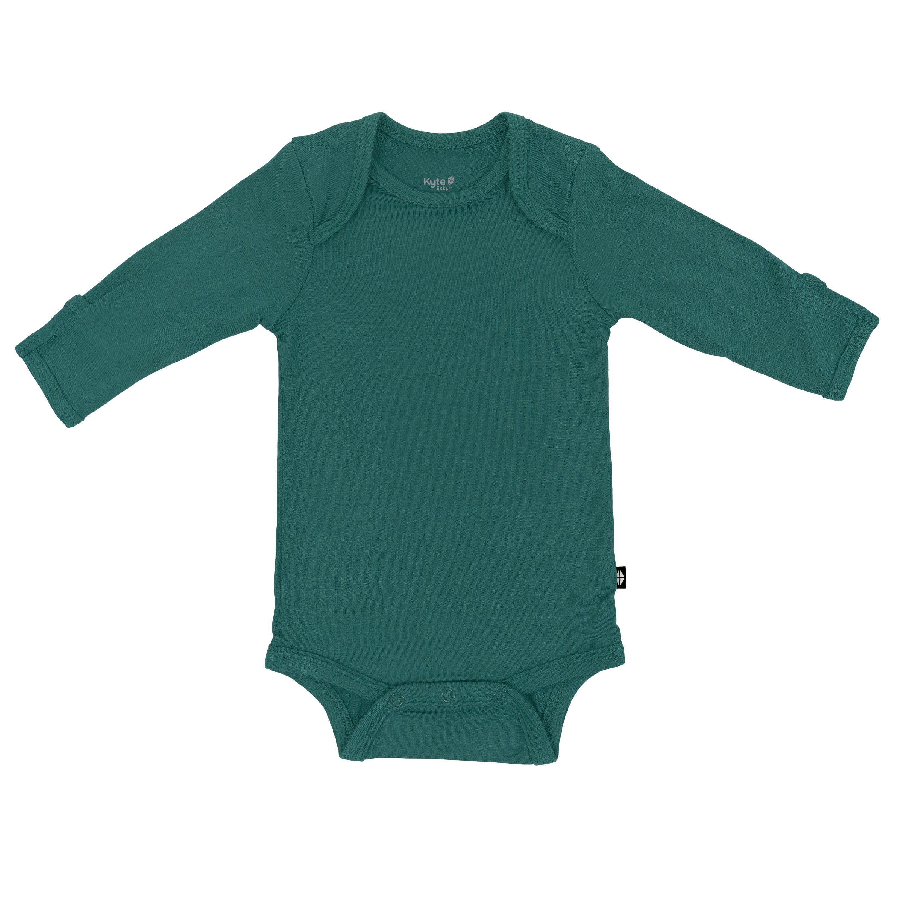 Flat lay of Kyte Baby Long Sleeve Bodysuit in Emerald