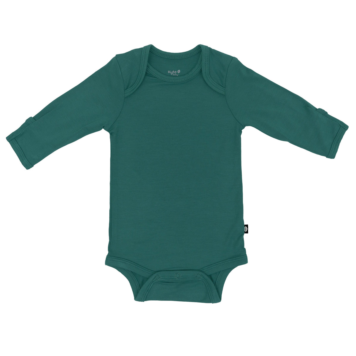 Flat lay of Kyte Baby Long Sleeve Bodysuit in Emerald