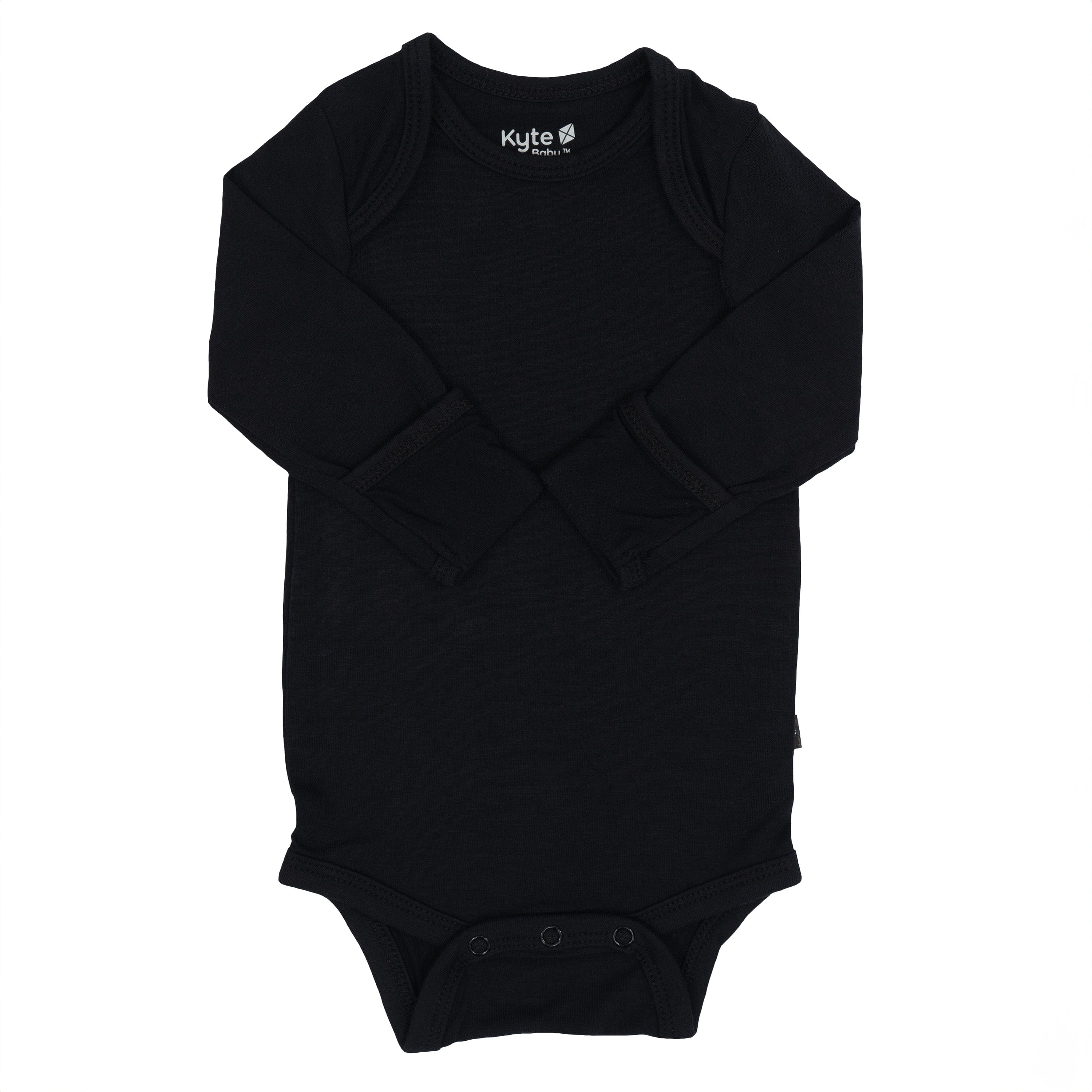Kyte Baby Long Sleeve Bodysuit in Midnight with arms folded inwards and fold over cuffs displayed
