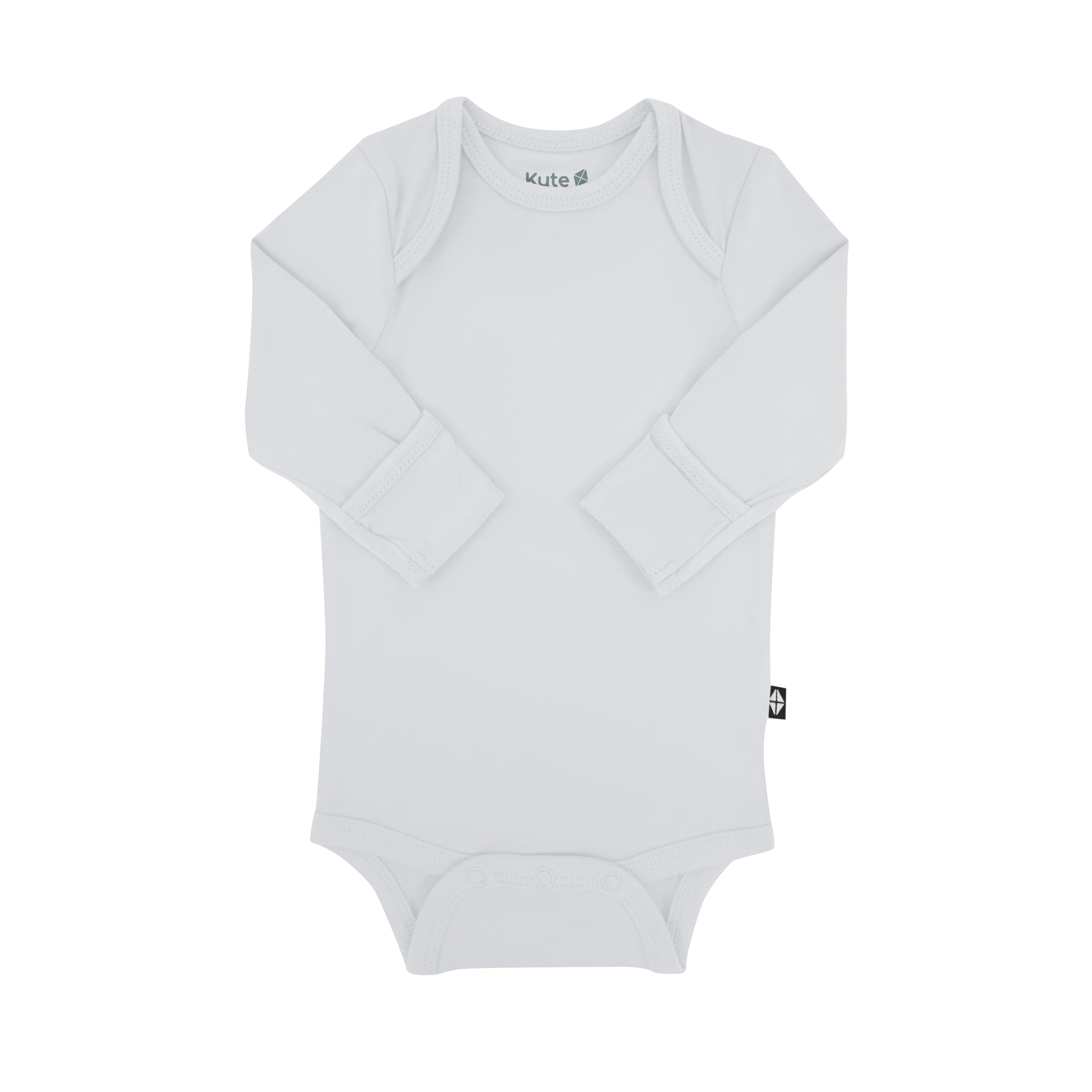 Kyte Baby Long Sleeve Bodysuit in Storm with arms folded inwards and fold-over cuffs displayed