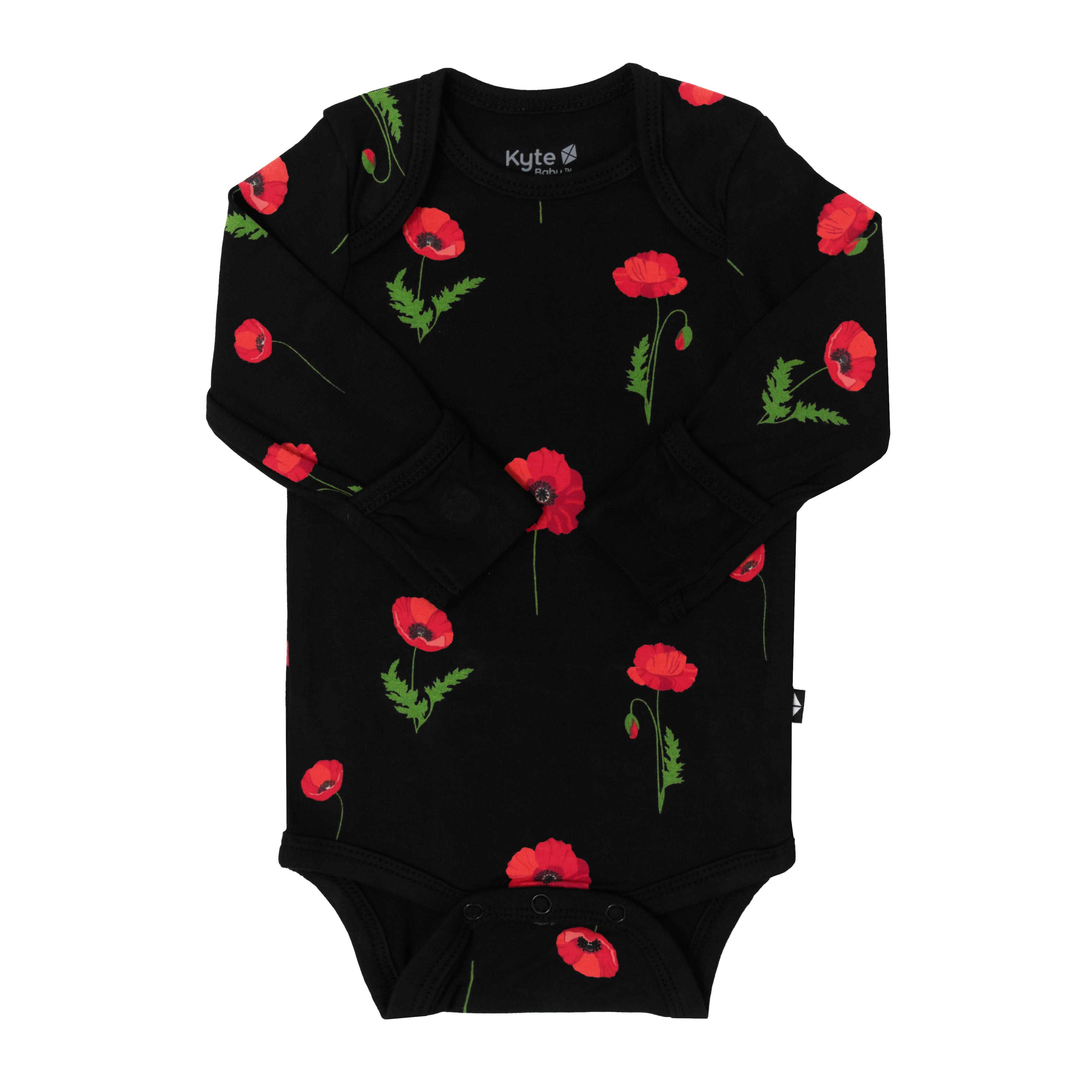 Fold-over cuffs on Kyte Baby Long Sleeve Bodysuit in Midnight Poppies