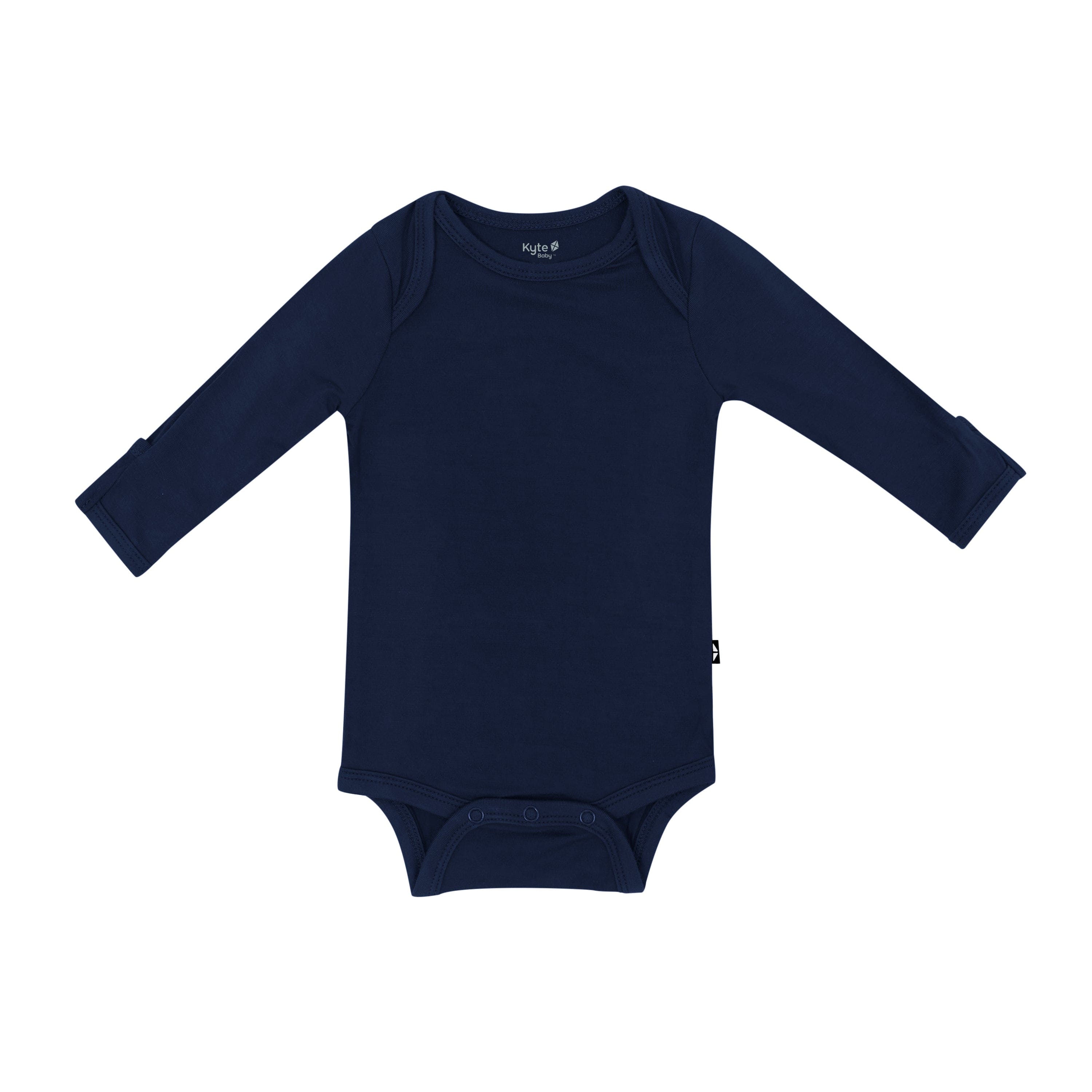 Flat lay of Kyte Baby Long Sleeve Bodysuit in Navy