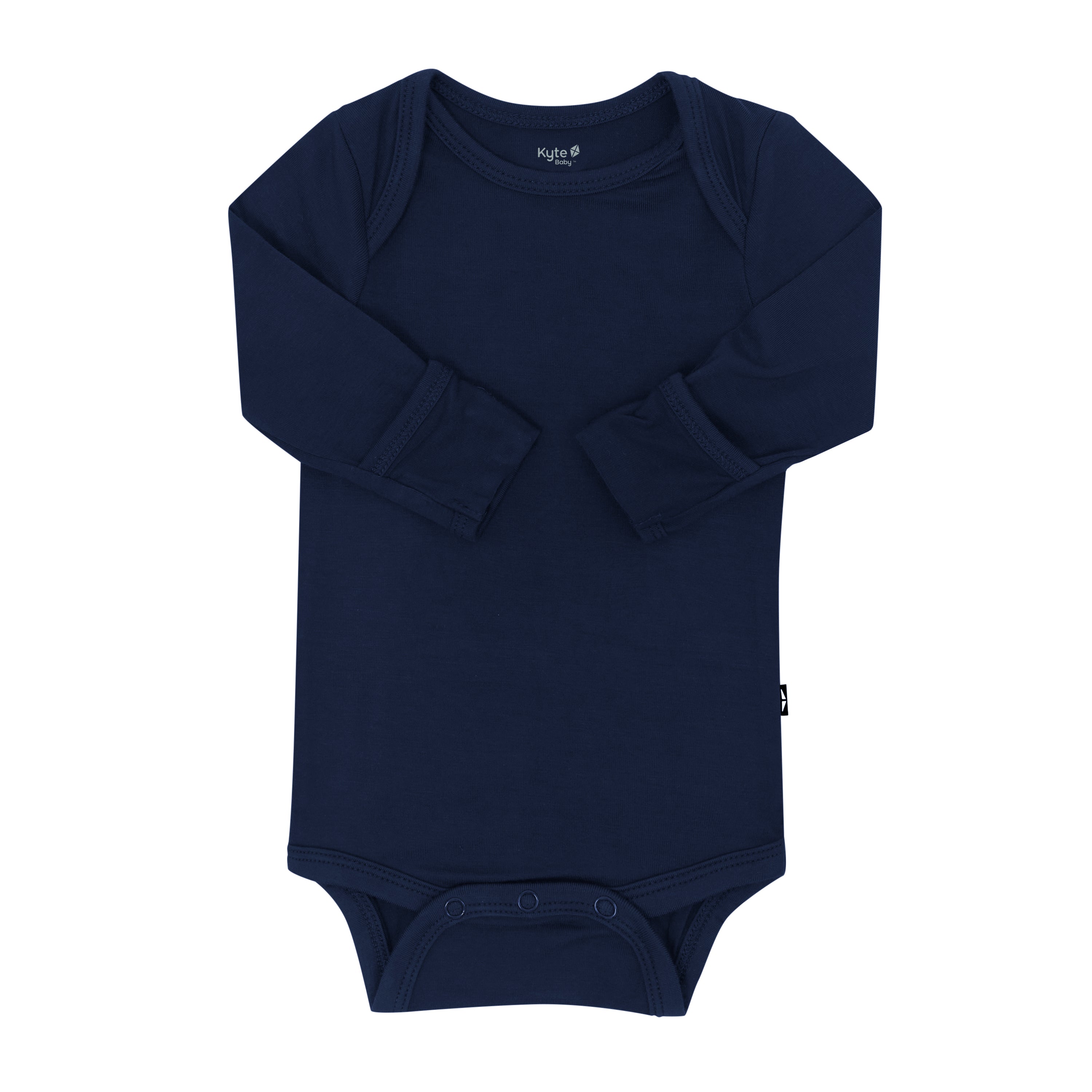 Kyte Baby Long Sleeve Bodysuit in Navy with arms folded inwards and displaying fold over cuffs