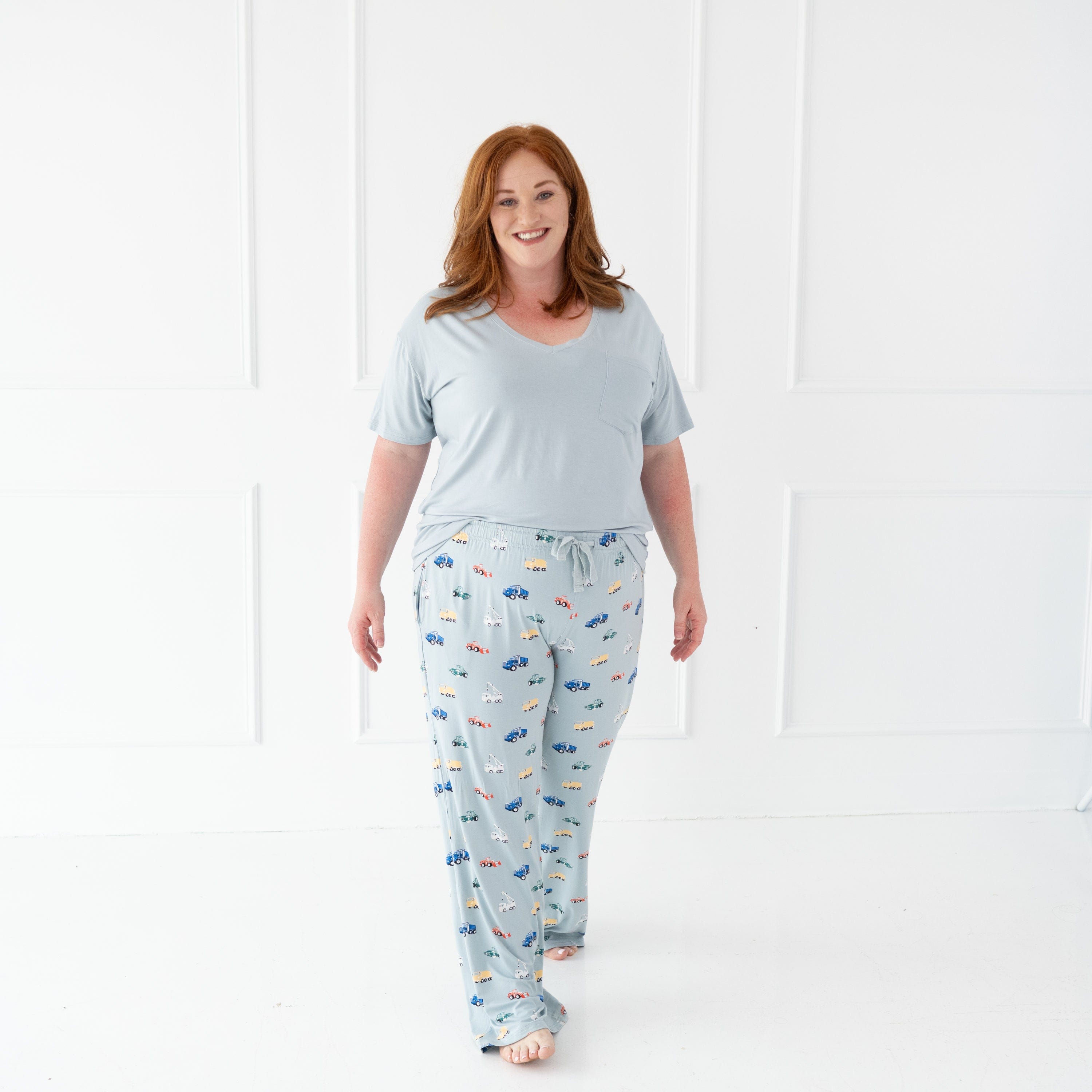 Woman wearing bamboo Kyte Baby Women's Lounge Pants in Construction