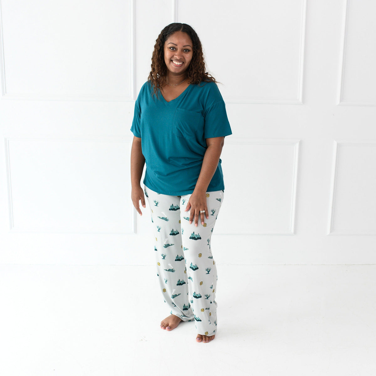Woman wearing Kyte Baby Women's relaxed fit Lounge Pants and shirt in Journey