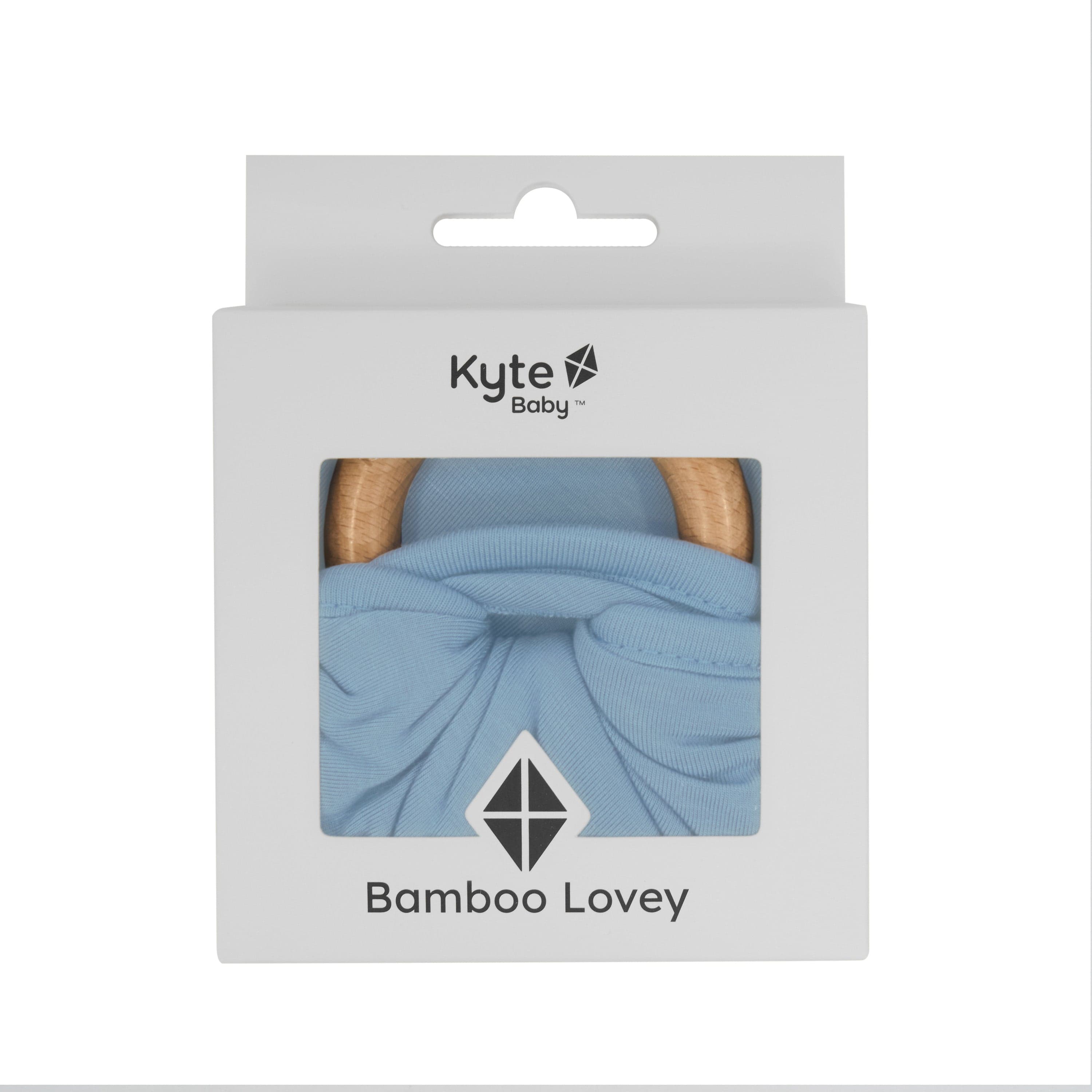 Kyte Baby Lovey in Slate with Removable Wooden Teething Ring in packaging
