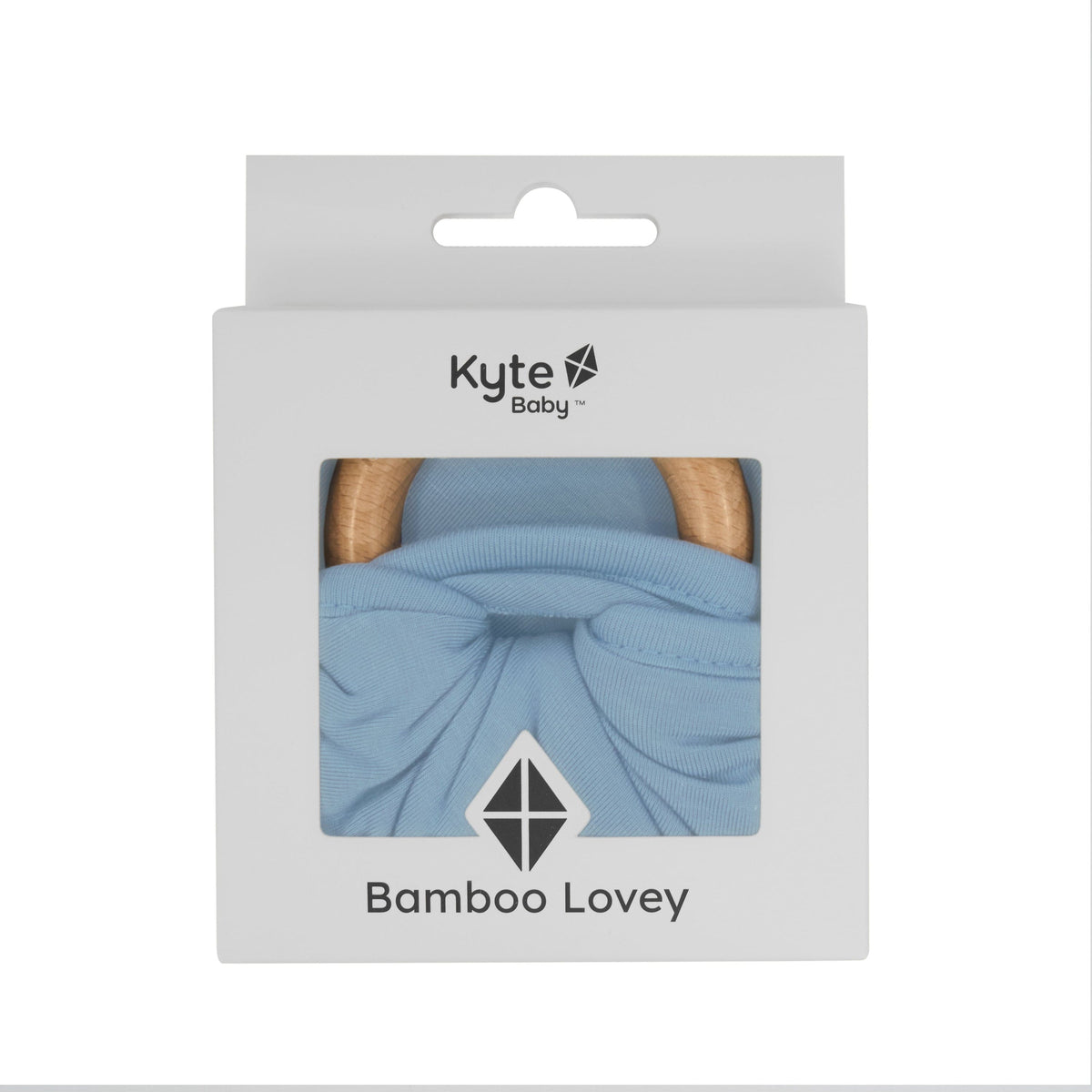 Kyte Baby Lovey in Slate with Removable Wooden Teething Ring in packaging