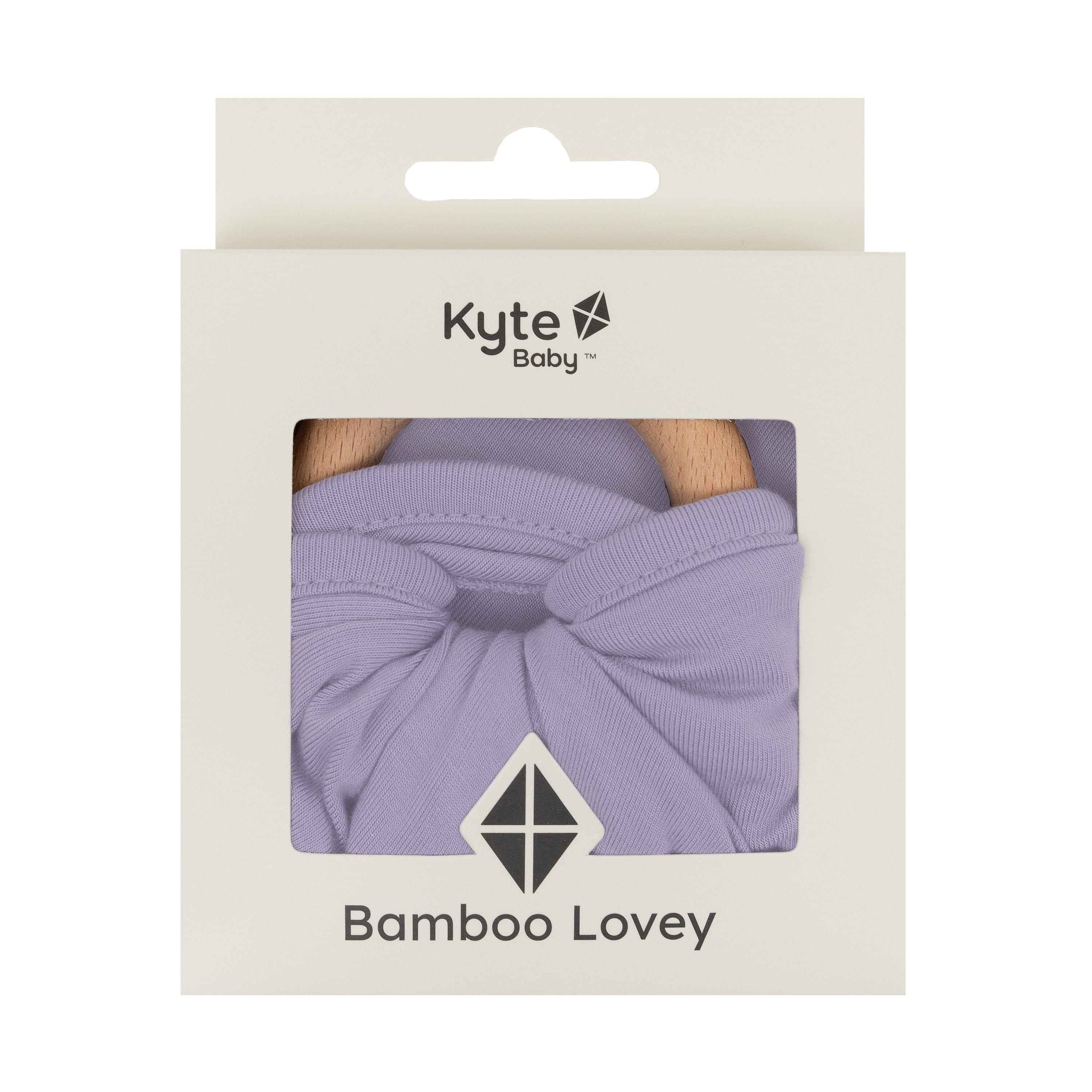 Lovey in Taro with removable teething ring in packaging