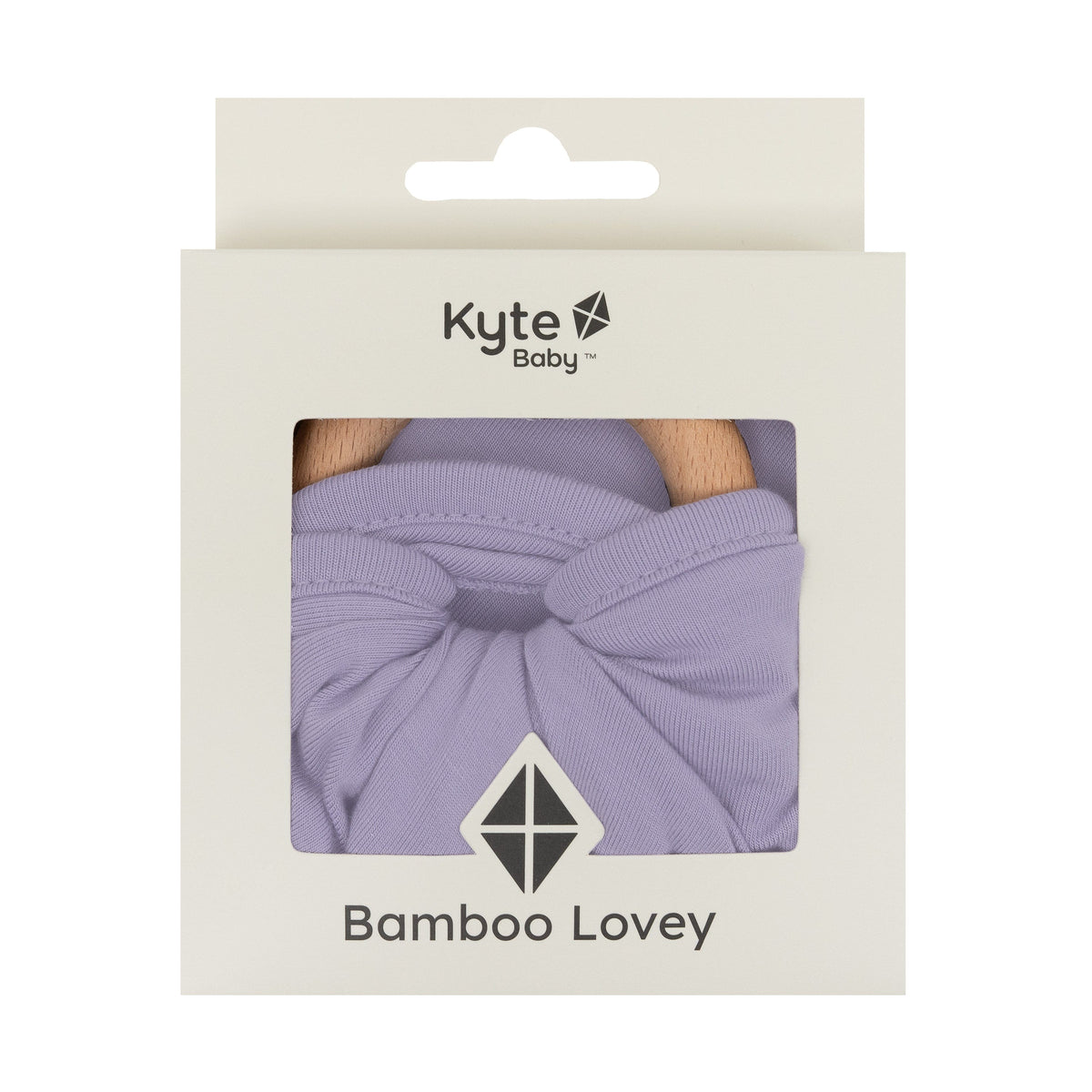 Lovey in Taro with removable teething ring in packaging