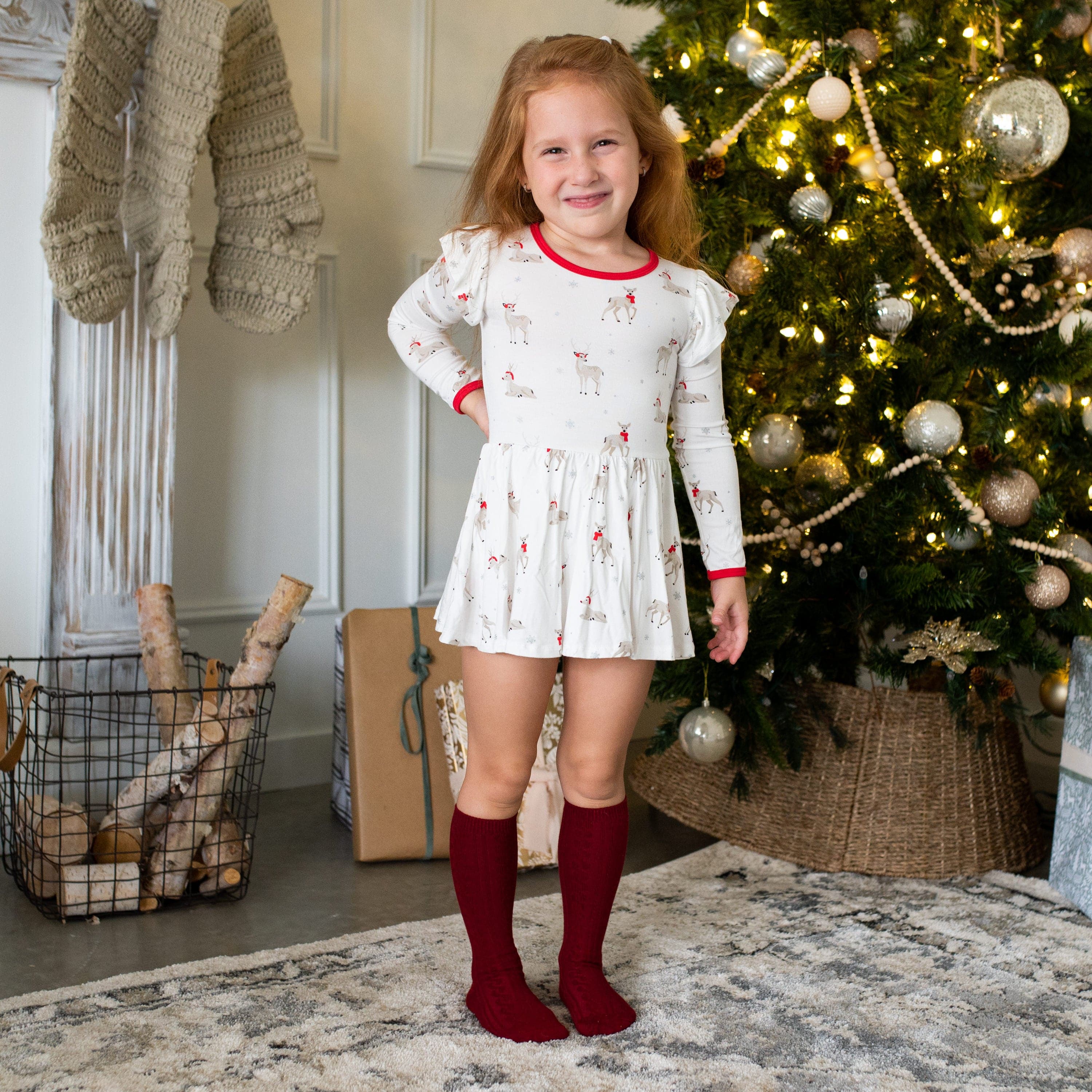 Kyte Baby LS Twirl Bodysuit Dress Long Sleeve Twirl Bodysuit Dress in Cloud Deer