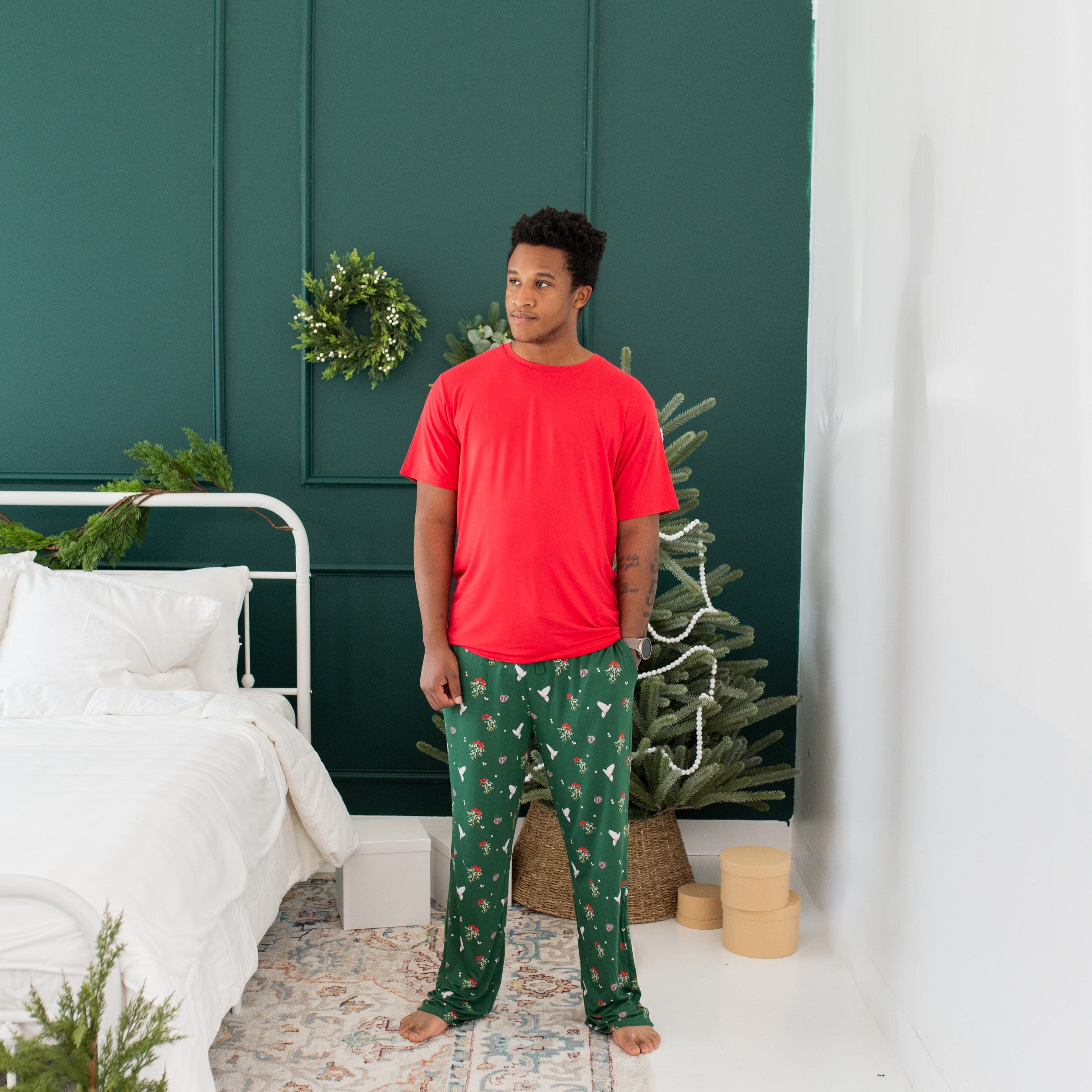 Man wearing Kyte Baby Men's Crew Neck Tee in Cardinal