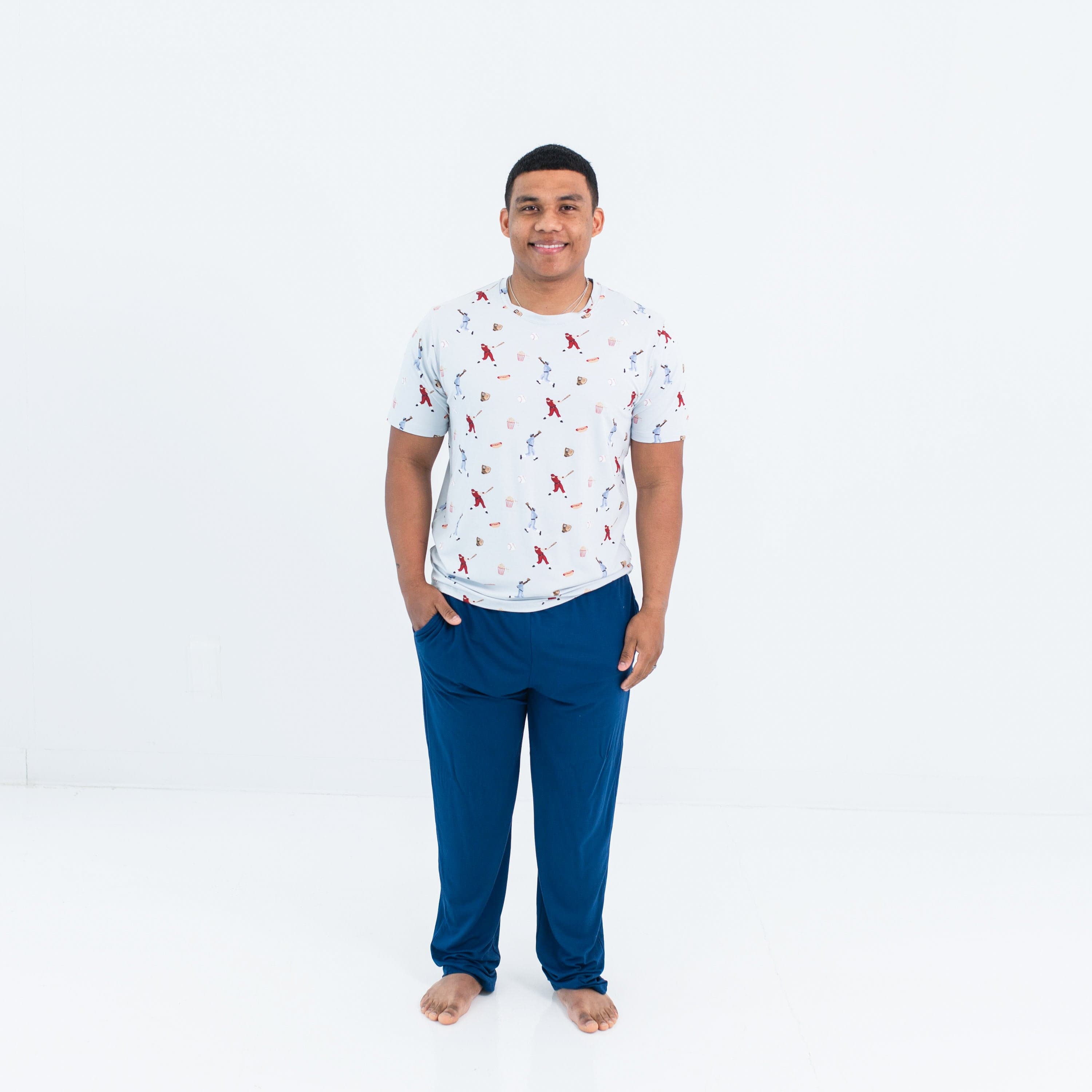Man wearing Kyte Baby Bamboo Crew Neck Tee in Vintage Baseball