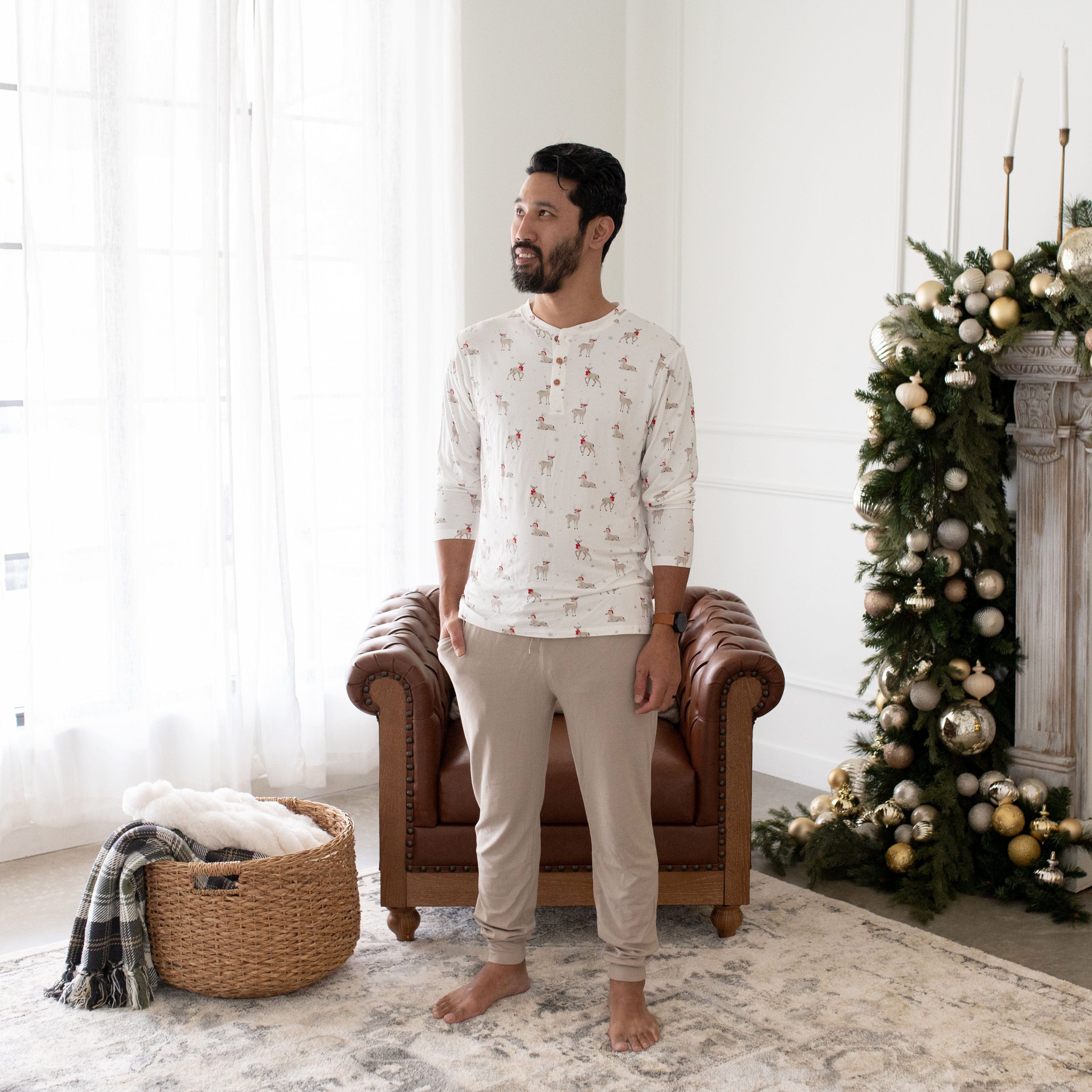 Kyte Baby Men's Long Sleeve Henley Top Men's Long Sleeve Henley Top in Cloud Deer