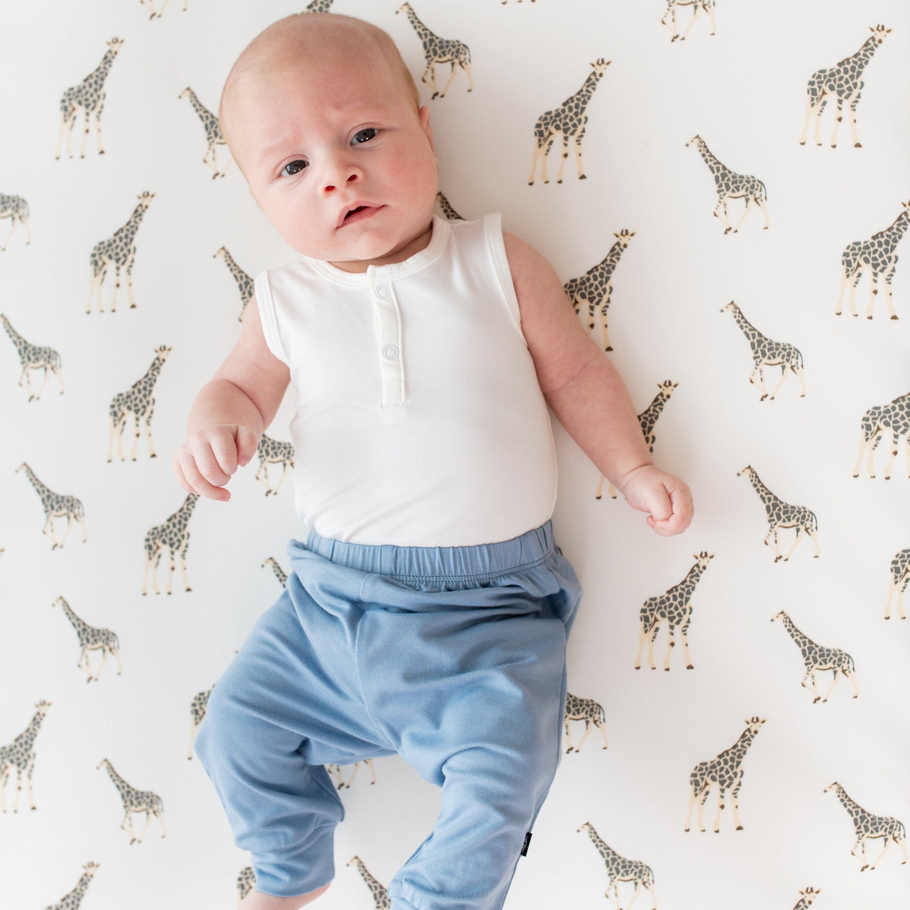 Newborn wearing Kyte Baby Pants in Slate and sleeveless bodysuit in Cloud