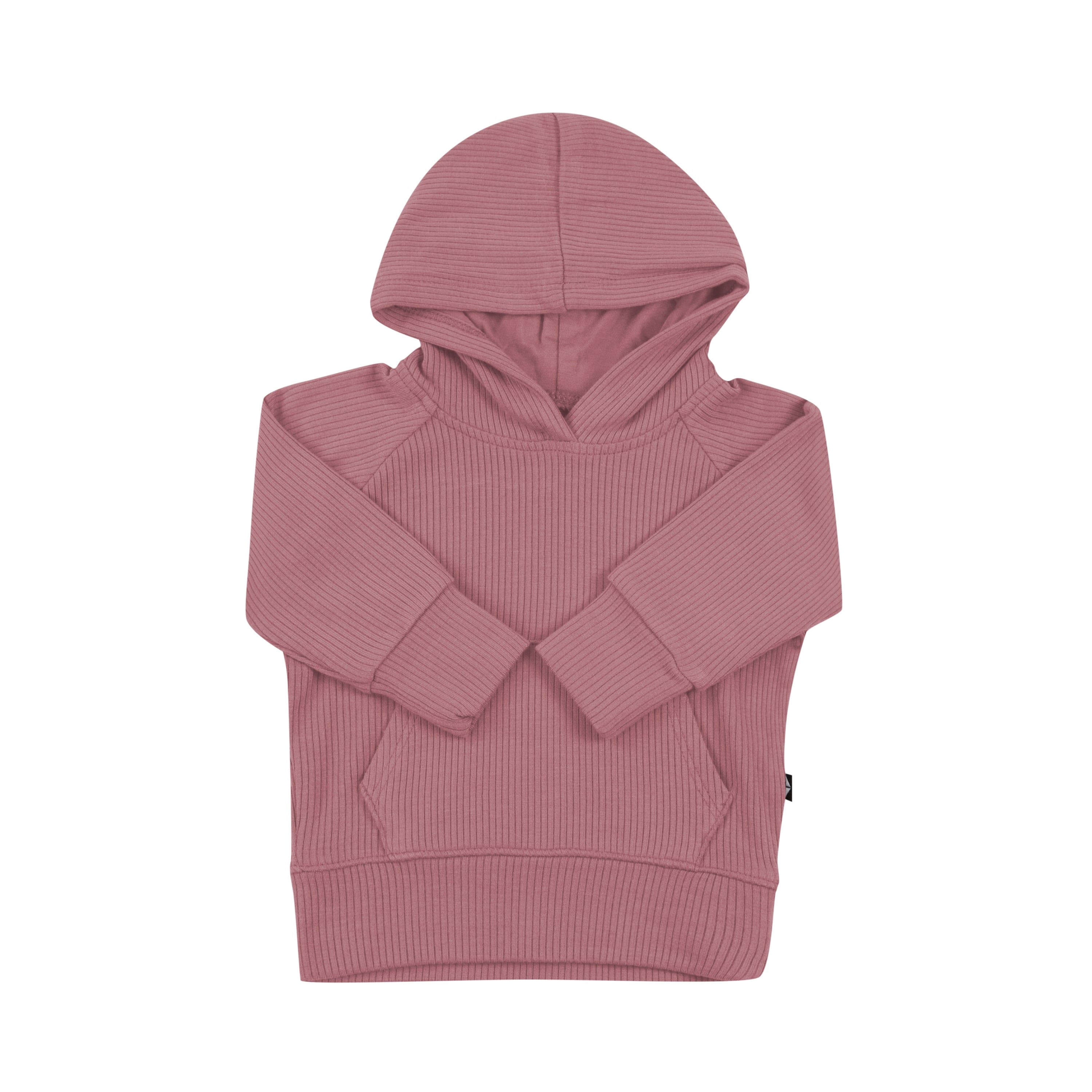 Raglan sleeves and kangaroo pocket on Kyte Baby Ribbed Hoodie in Dusty Rose