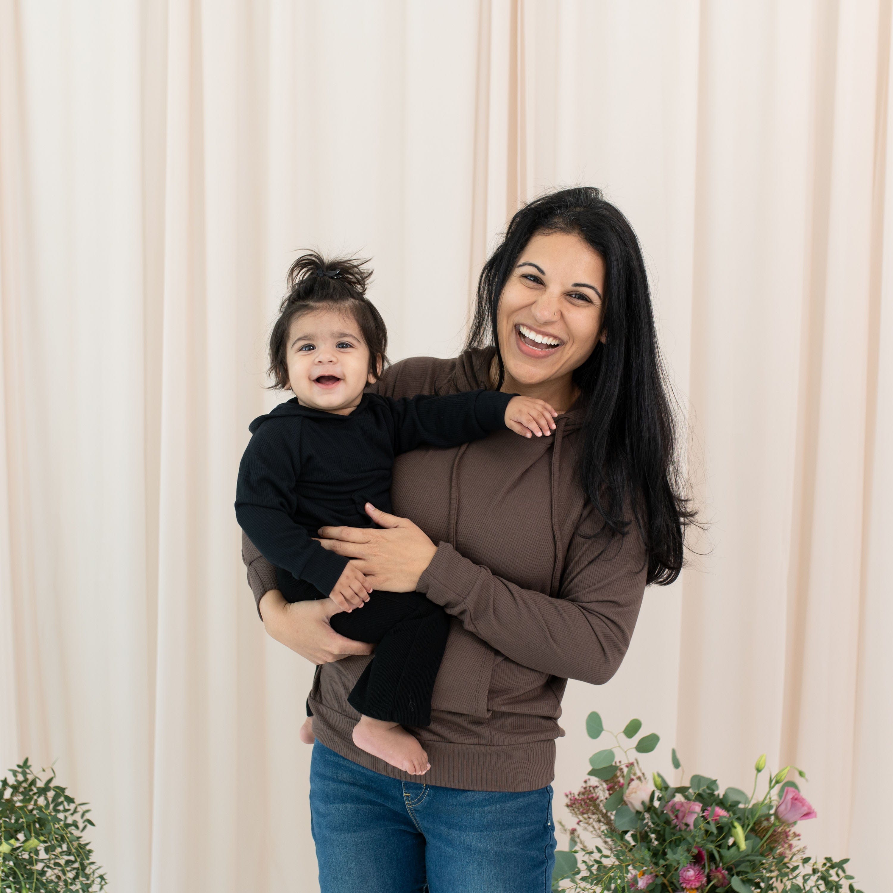 Mom and daughter wearing Kyte Baby Ribbed Hoodies
