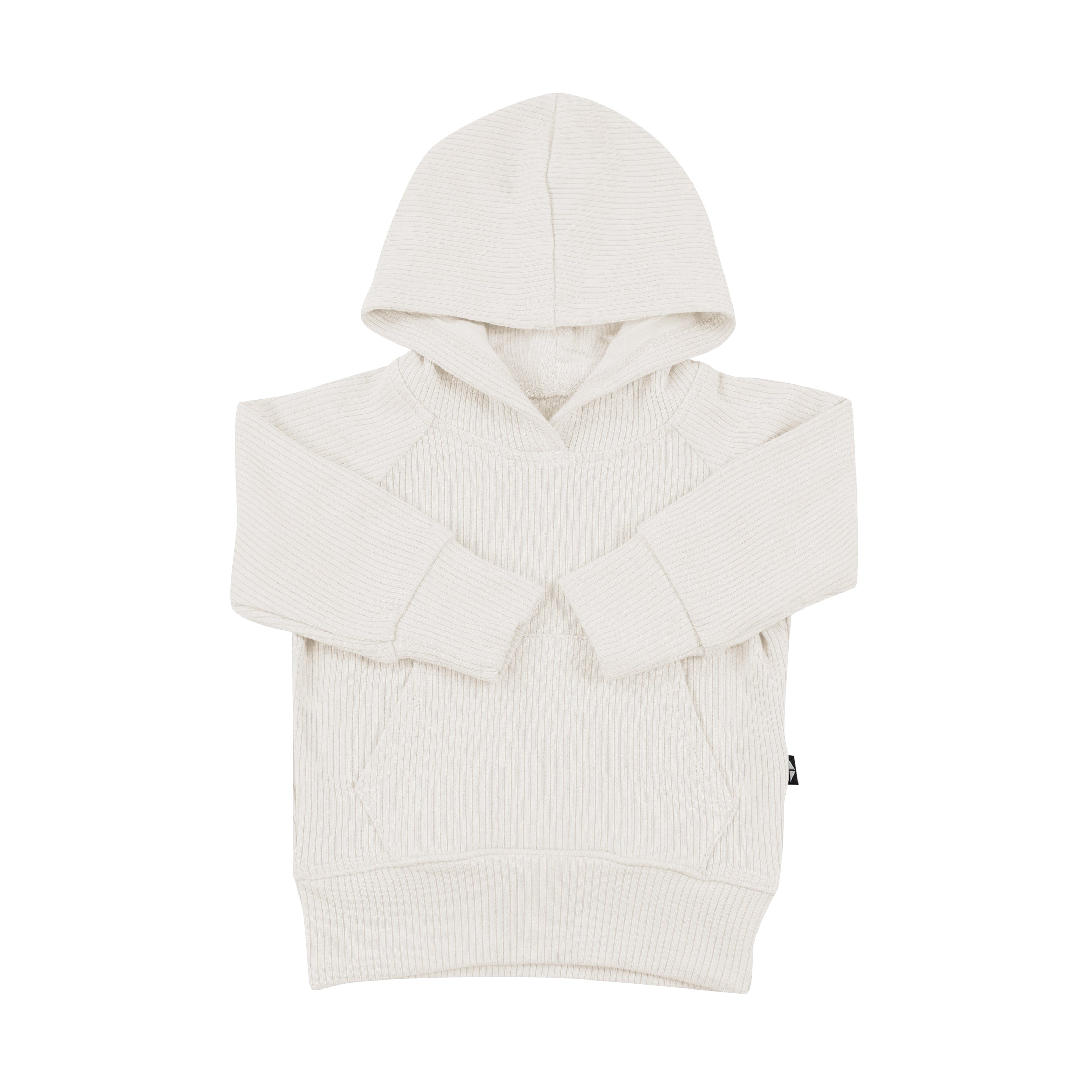 Raglan sleeves and kangaroo pocket on Kyte Baby Ribbed Hoodie in Oat