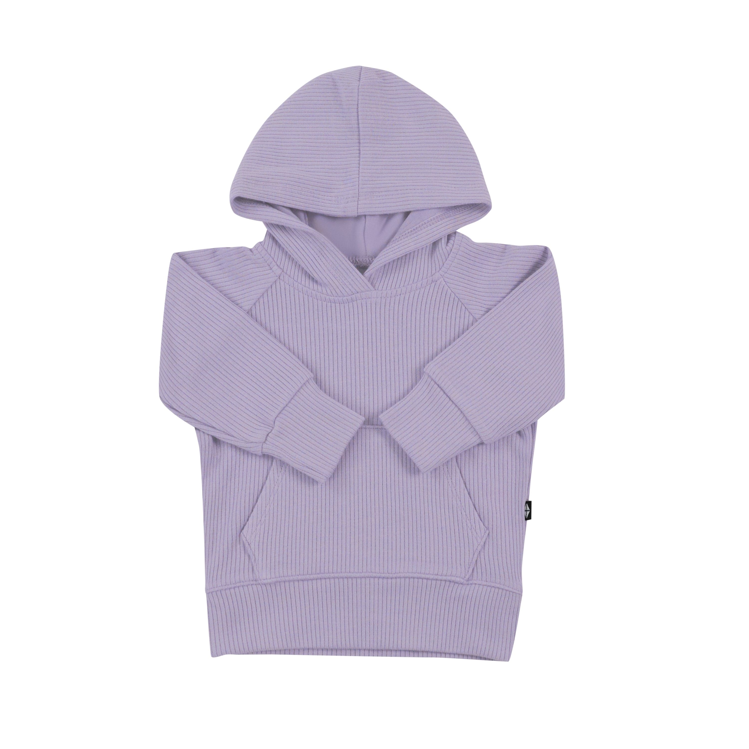 Raglan sleeves and kangaroo pocket on Kyte Baby Ribbed Hoodie in Taro