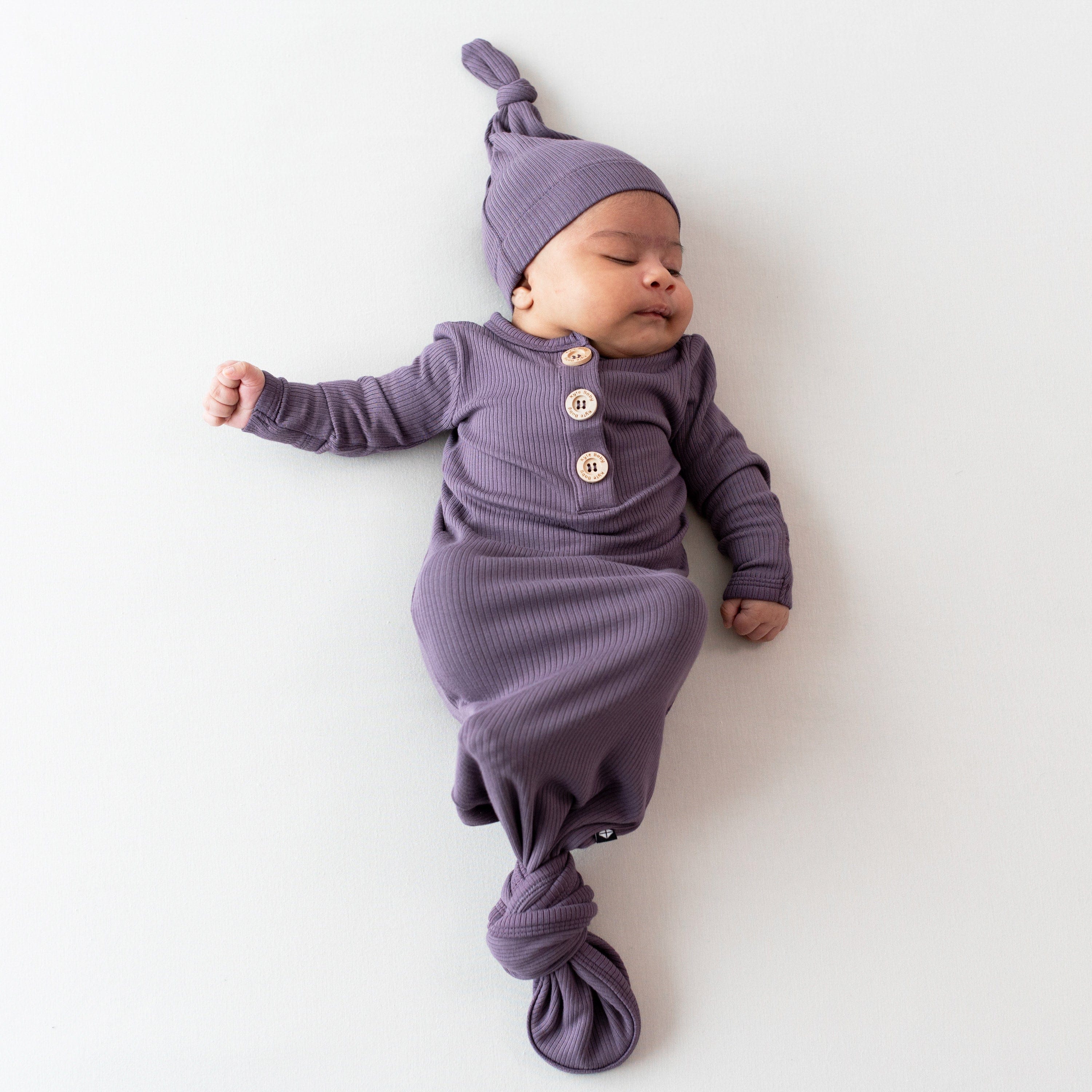 Baby wearing purple Ribbed Knotted Gown with Hat Set for newborn hospital outfit