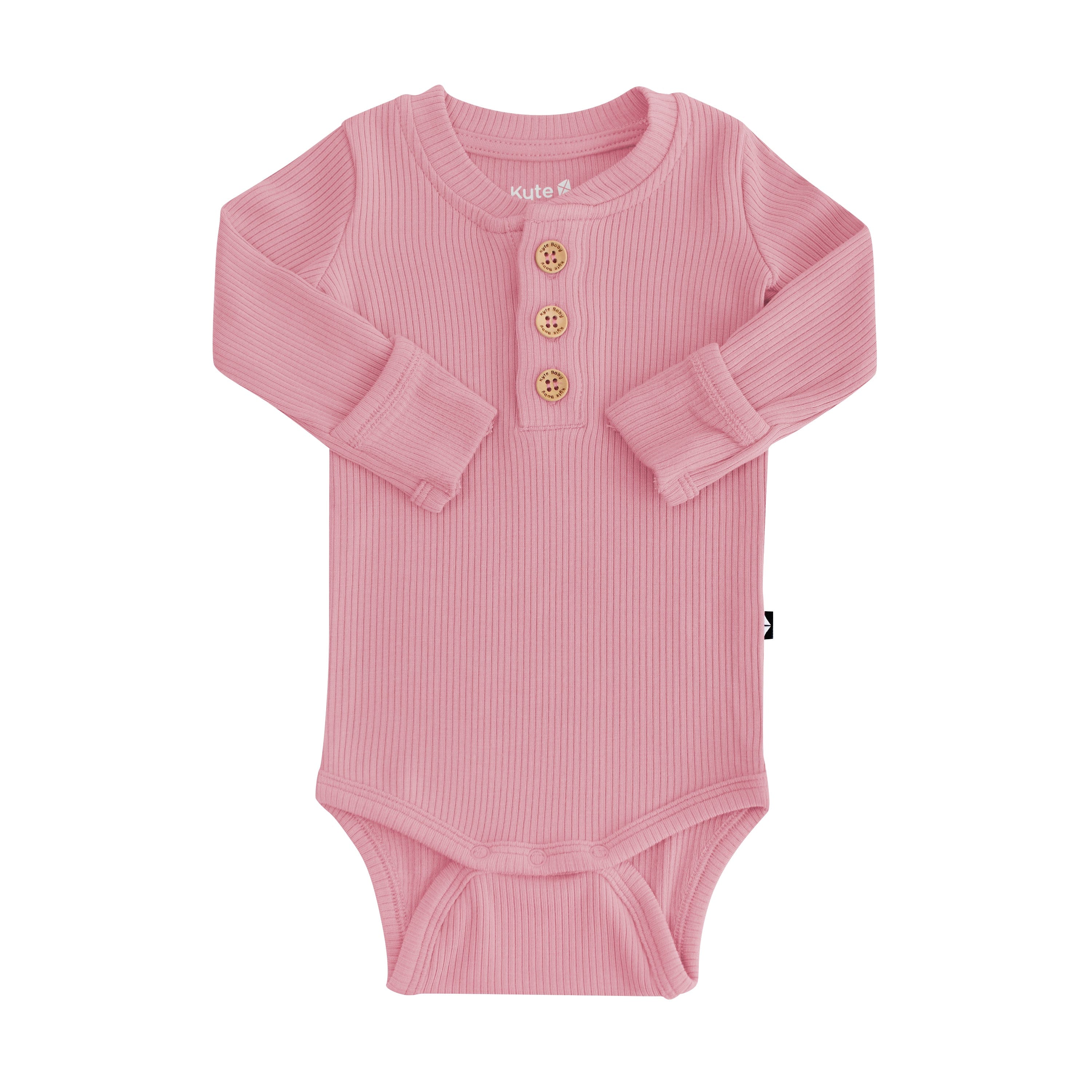 Kyte Baby Ribbed Long Sleeve Henley Bodysuit with wooden buttons in Apple Blossom