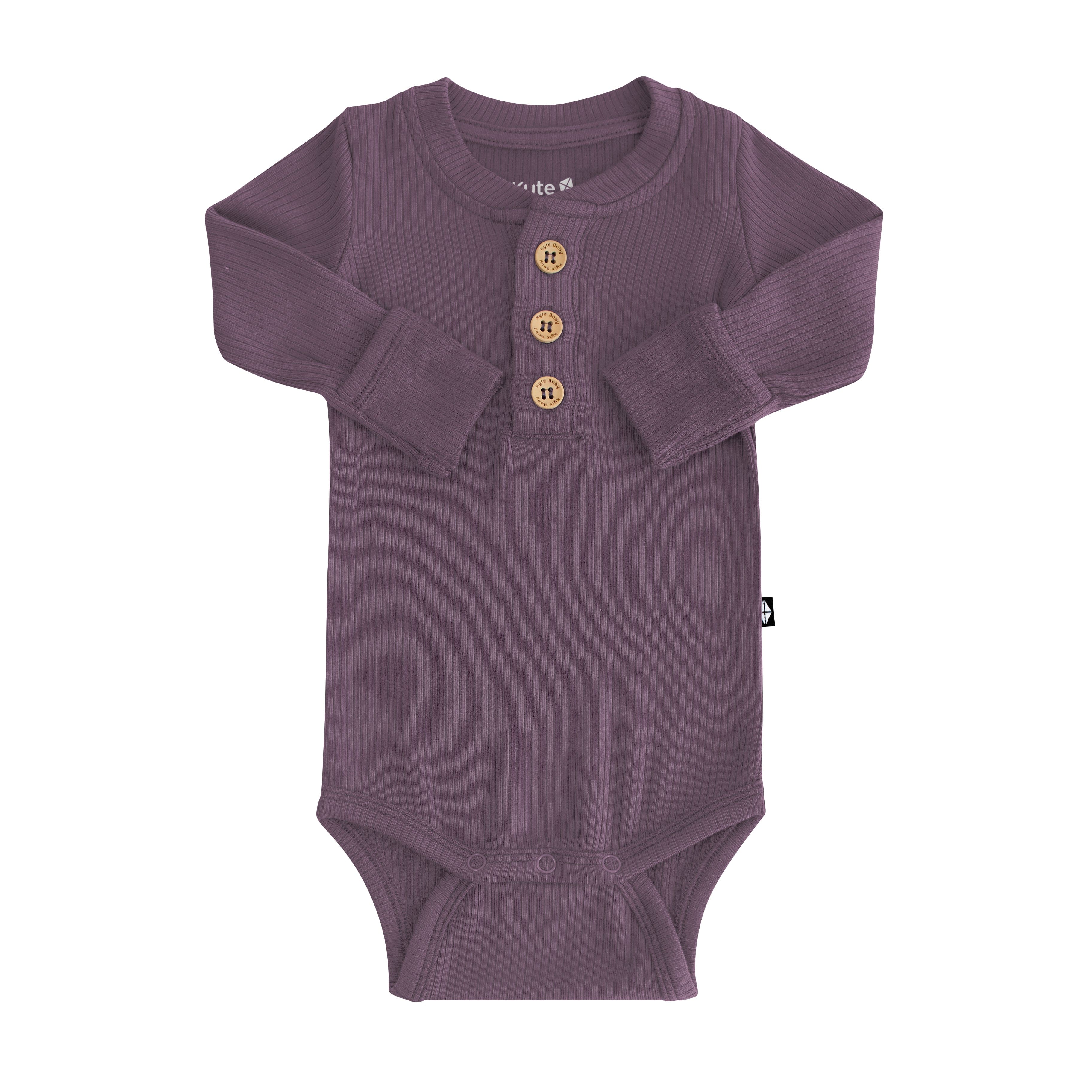 Kyte Baby Ribbed Long Sleeve Henley Bodysuit with wooden buttons in Currant purple