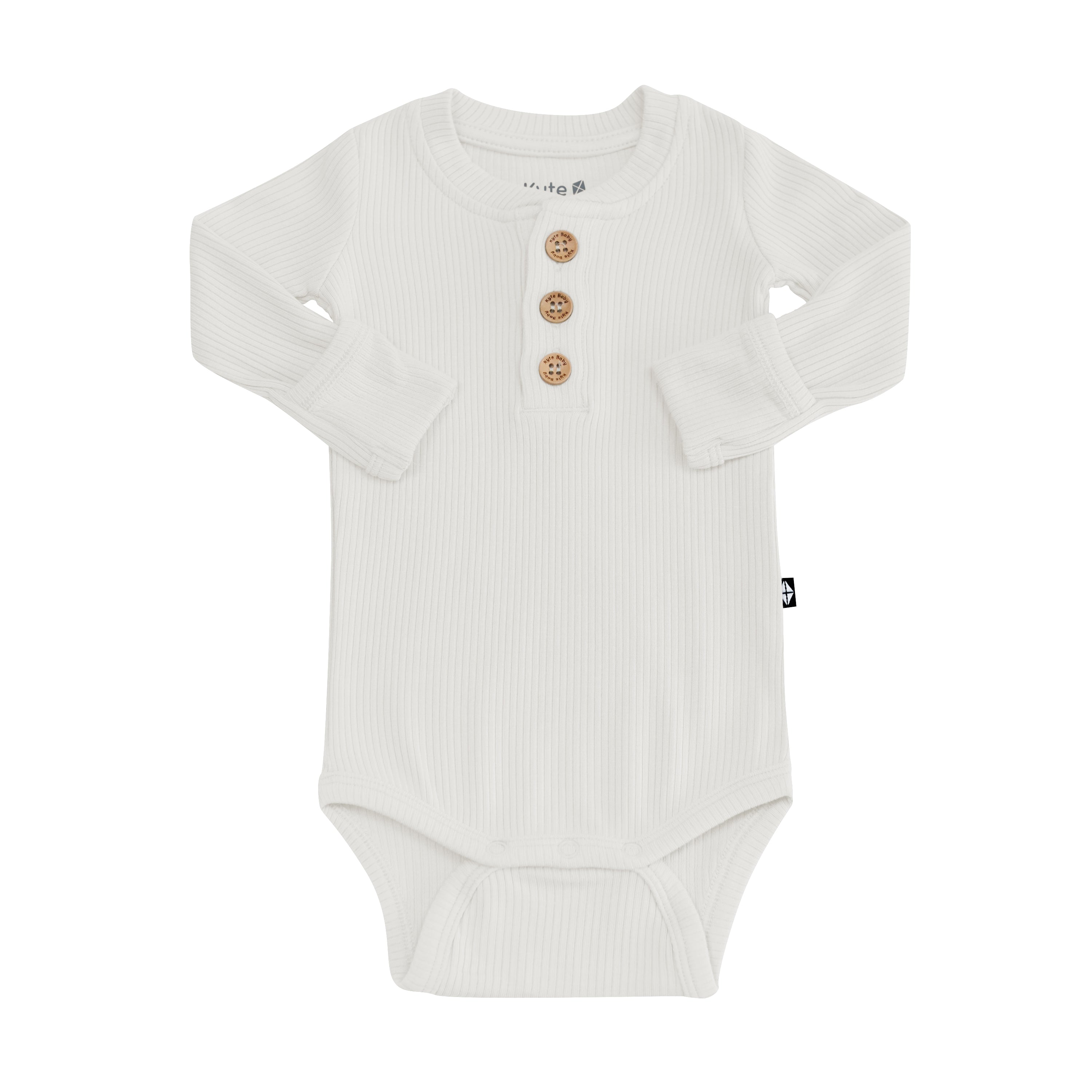 Kyte Baby Ribbed Long Sleeve Henley Bodysuit with wooden buttons in Oat