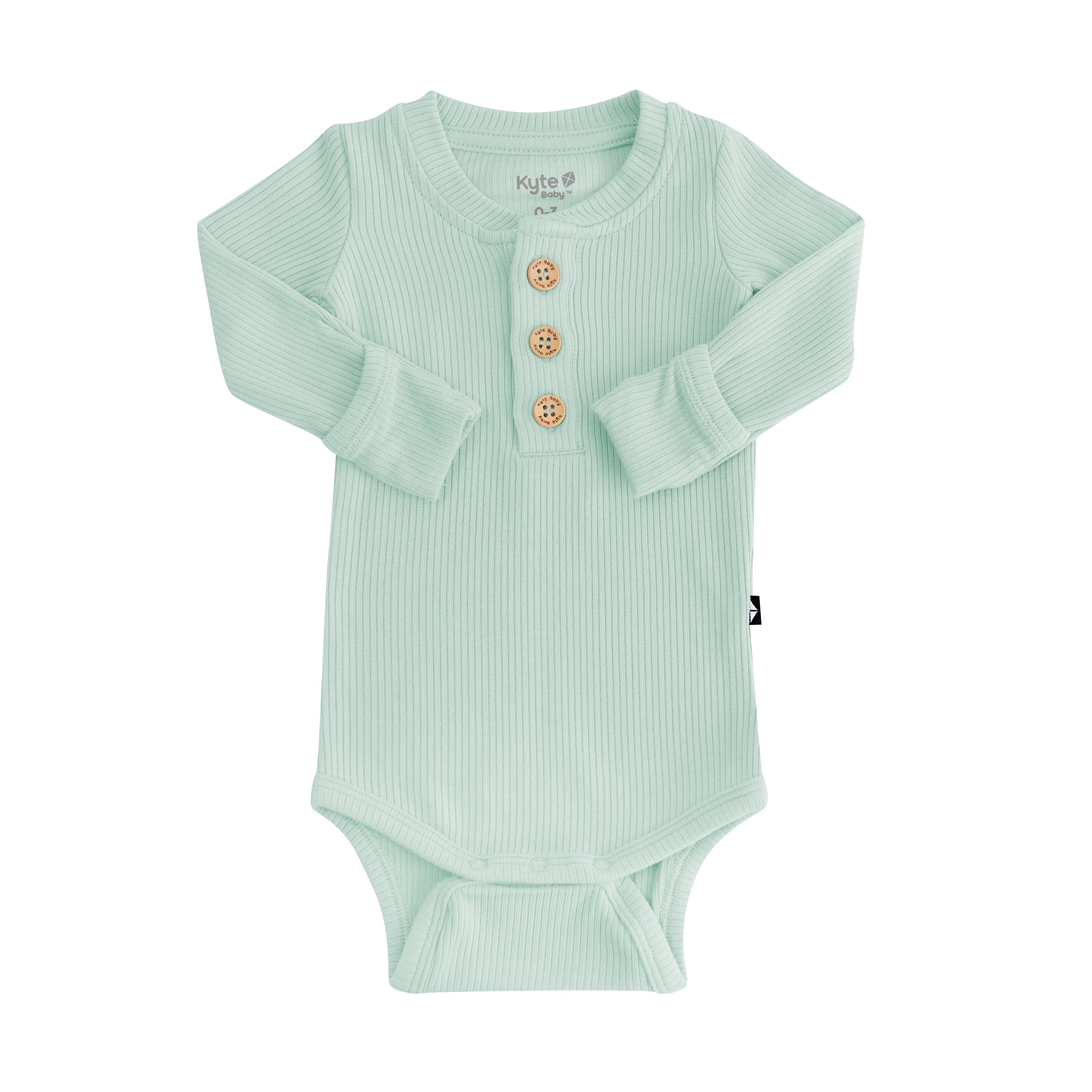Kyte Baby Ribbed Long Sleeve Henley Bodysuit with wooden buttons in Sage