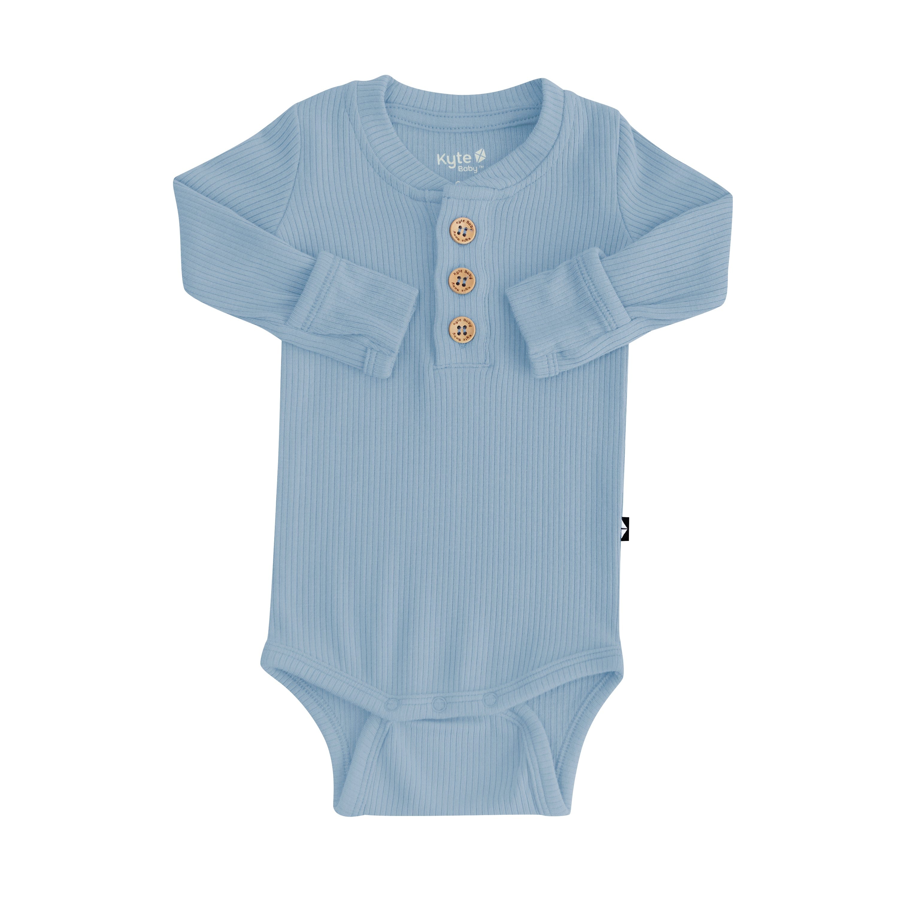 Kyte Baby Ribbed Long Sleeve Henley Bodysuit with wooden buttons in Slate