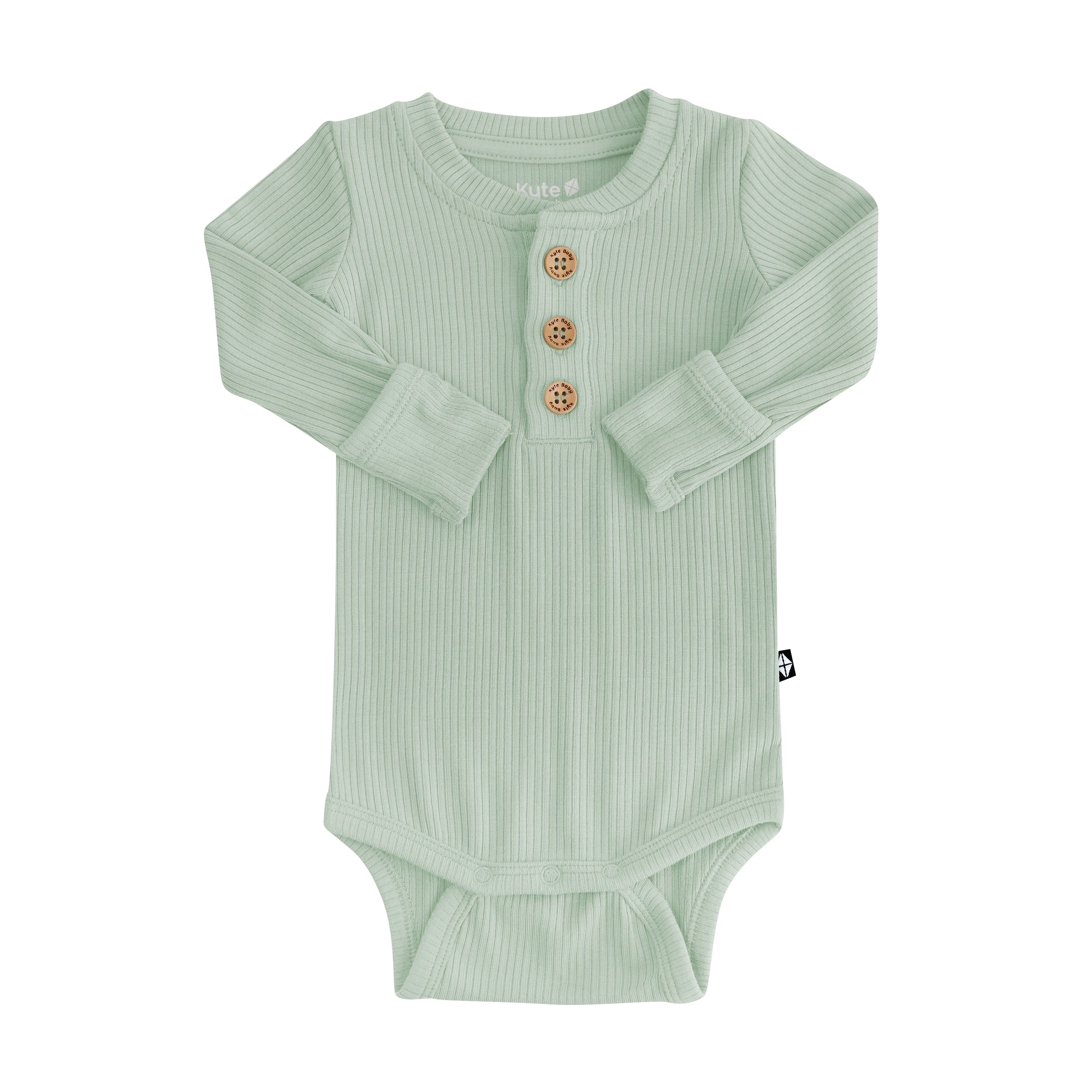 Kyte Baby Ribbed Long Sleeve Henley Bodysuit with wooden buttons in Thyme green