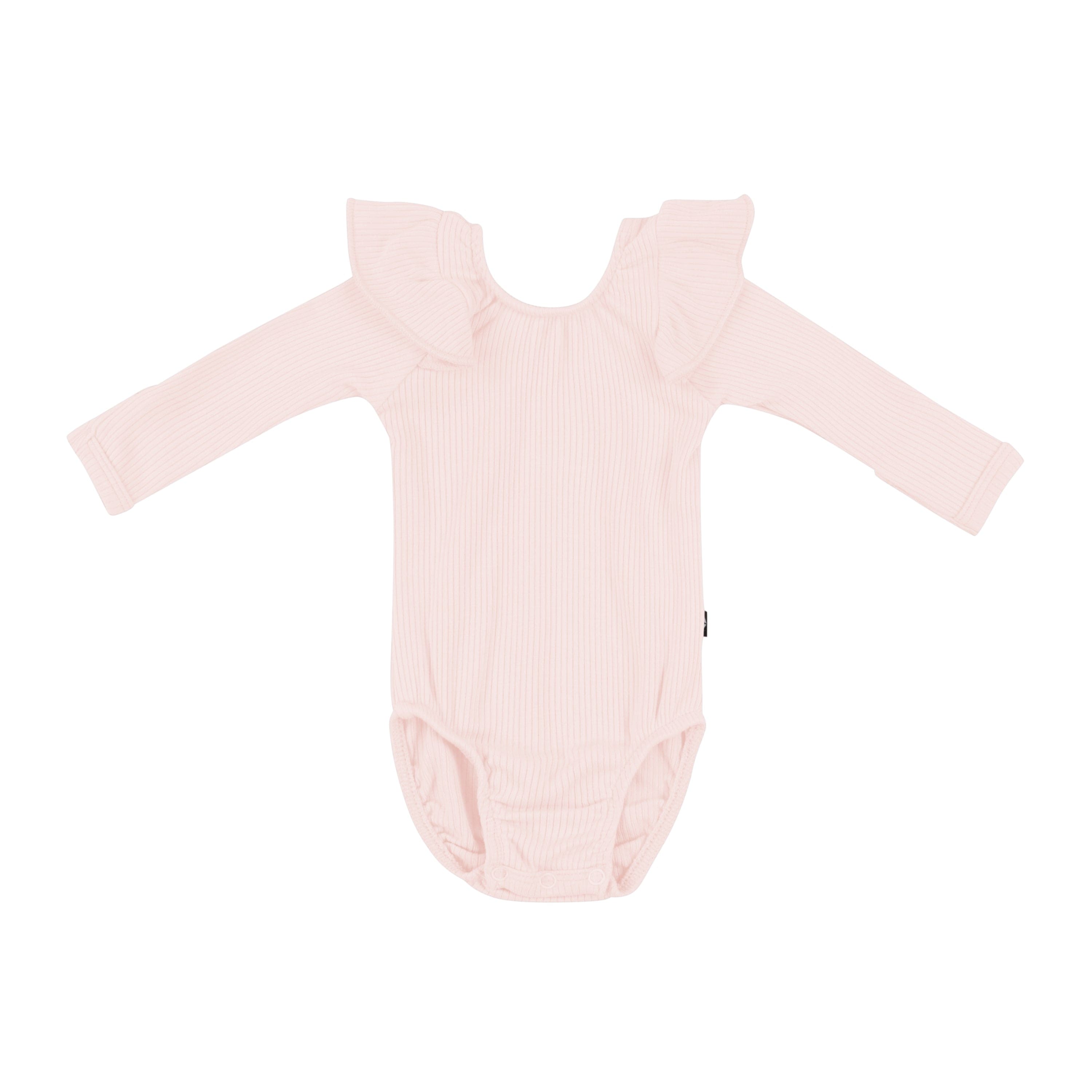 Kyte Baby Ribbed Long Sleeve Ruffle Leotard in Blush