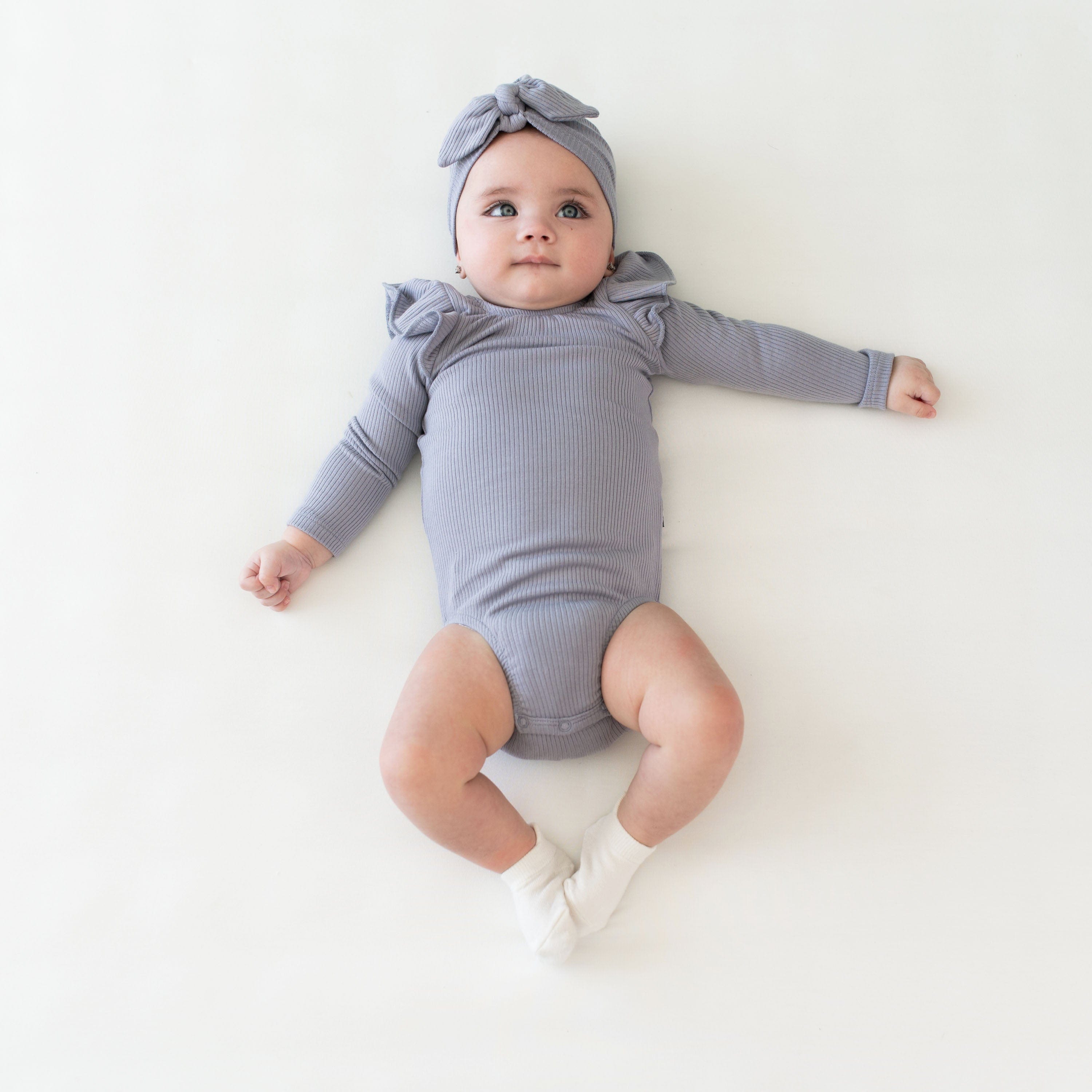 Kyte Baby Ribbed Long Sleeve Ruffle Bodysuit Ribbed Long Sleeve Ruffle Leotard in Haze
