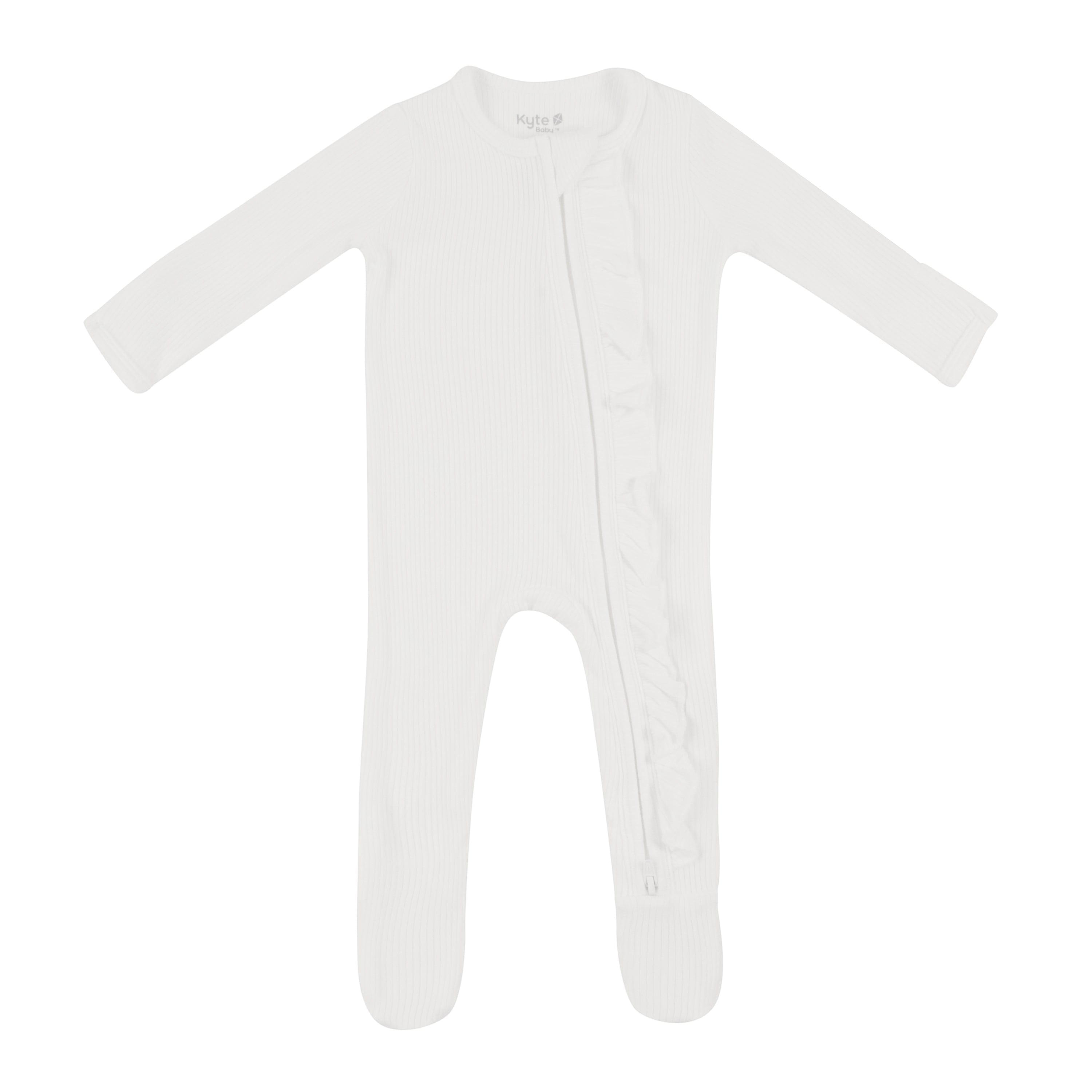 Kyte Baby Ribbed Ruffle Zipper Footie in Cloud