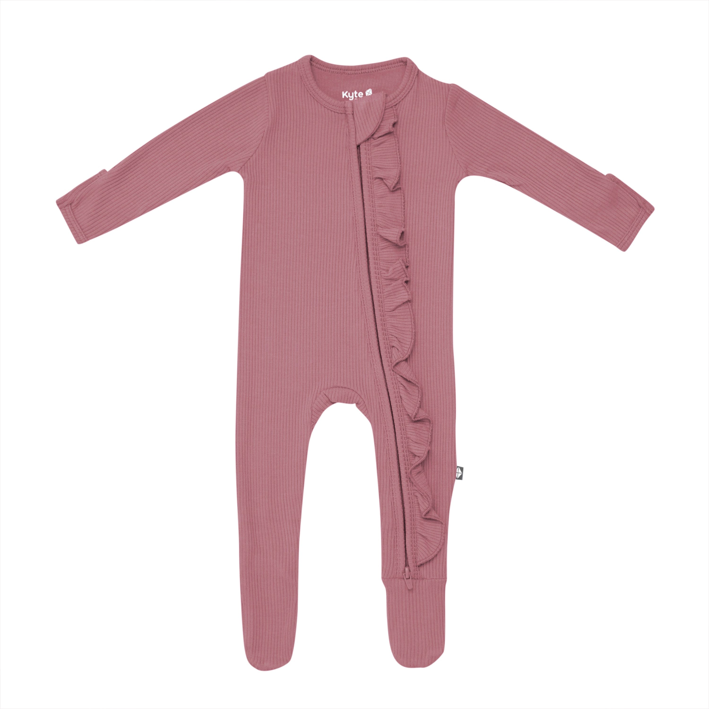 Ribbed Ruffle Zipper Footie in Dusty Rose